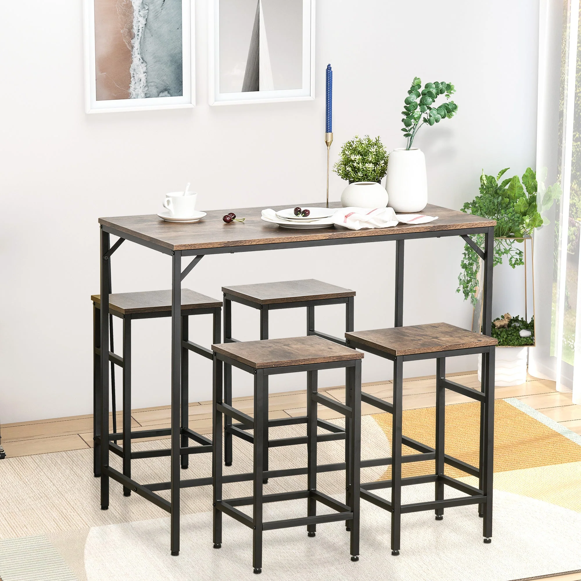 Industrial Rectangular Bar Table Set with 4 Stools for Dining Room - Image 2