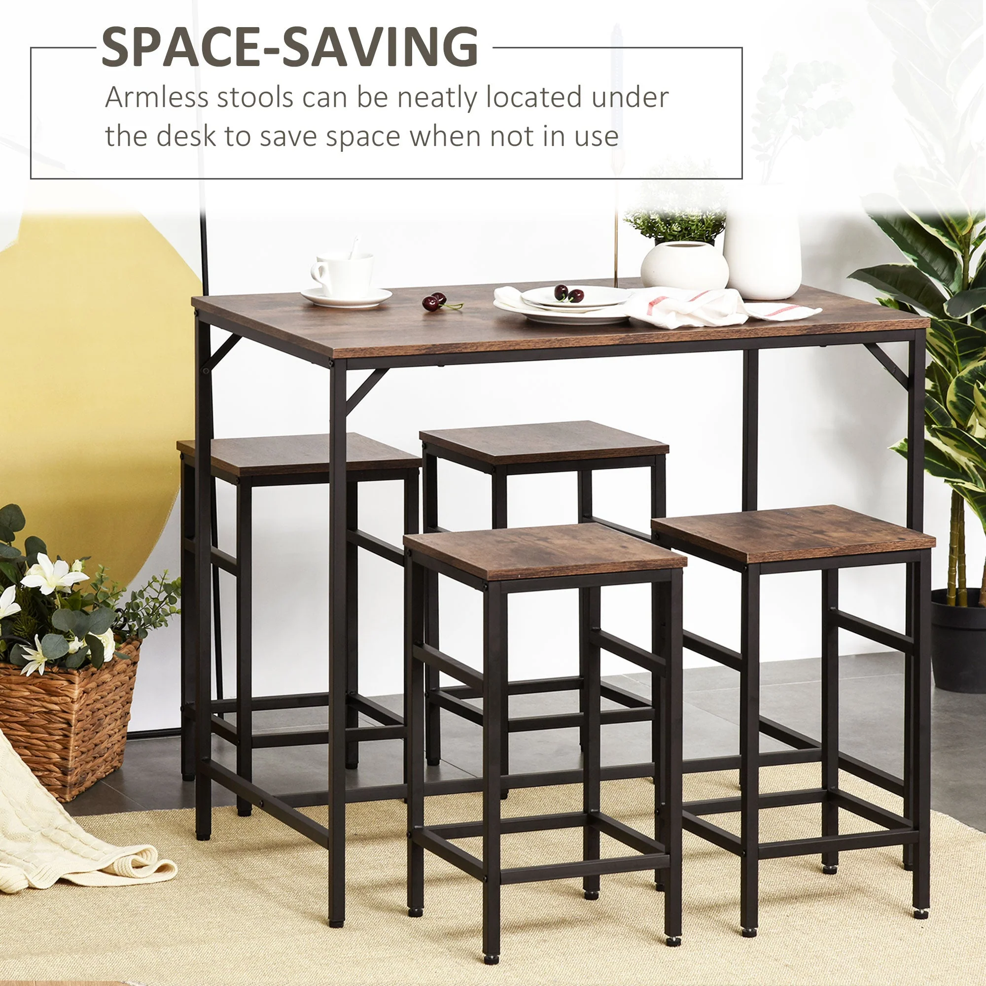 Industrial Rectangular Bar Table Set with 4 Stools for Dining Room - Image 4