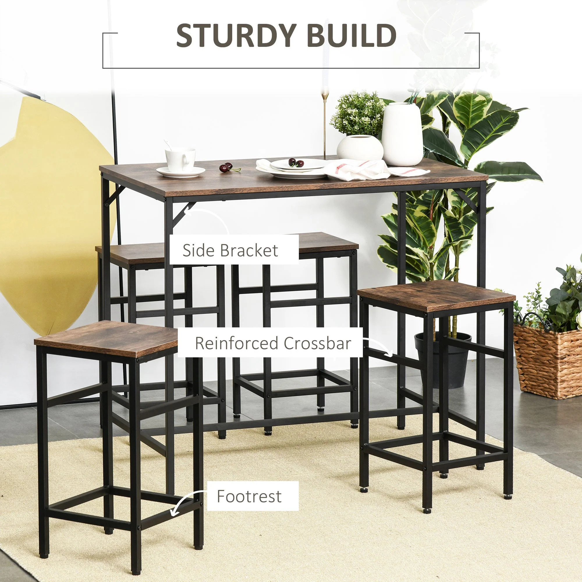 Industrial Rectangular Bar Table Set with 4 Stools for Dining Room - Image 5