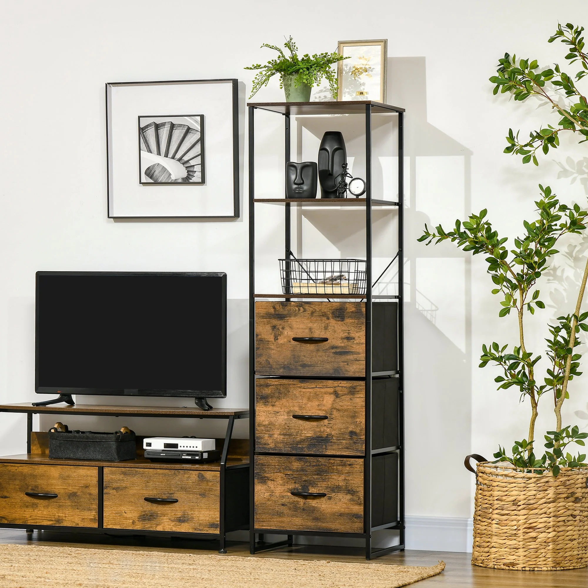 Industrial Storage Cabinet with 2 Open Shelves and 3 Foldable Fabric Drawers - Image 2
