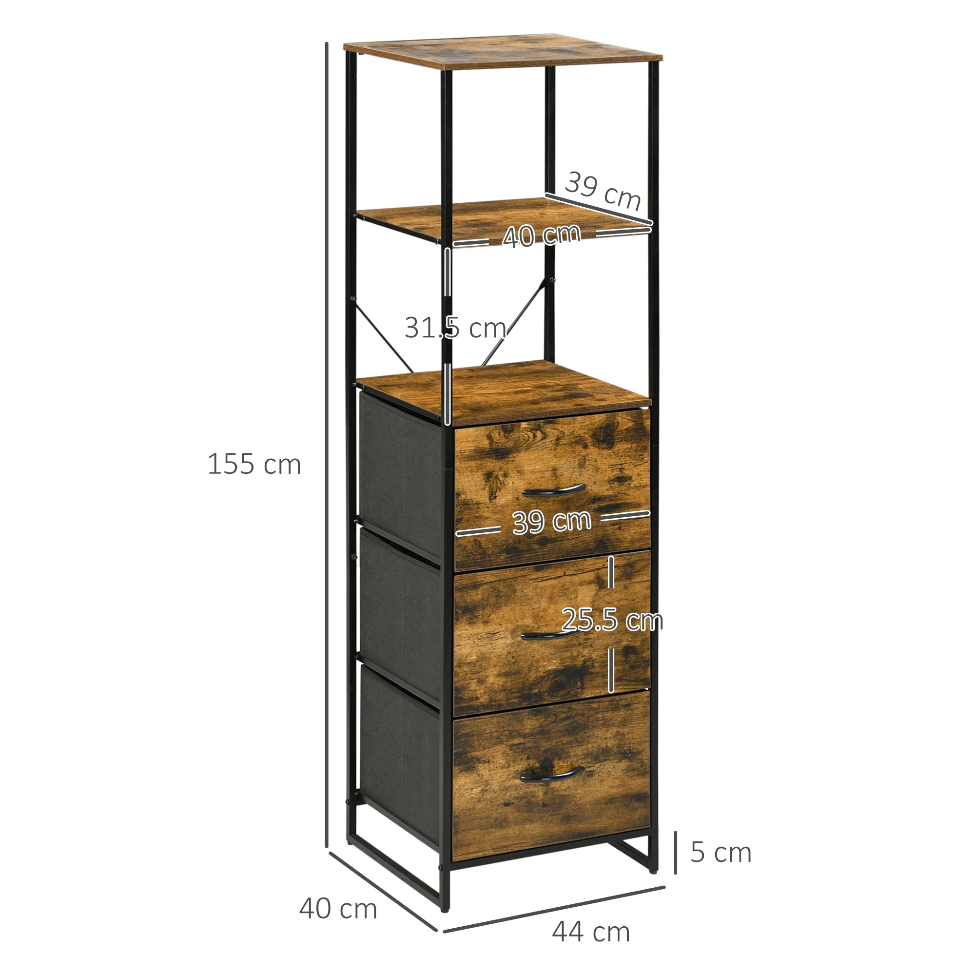 Industrial Storage Cabinet with 2 Open Shelves and 3 Foldable Fabric Drawers - Image 3