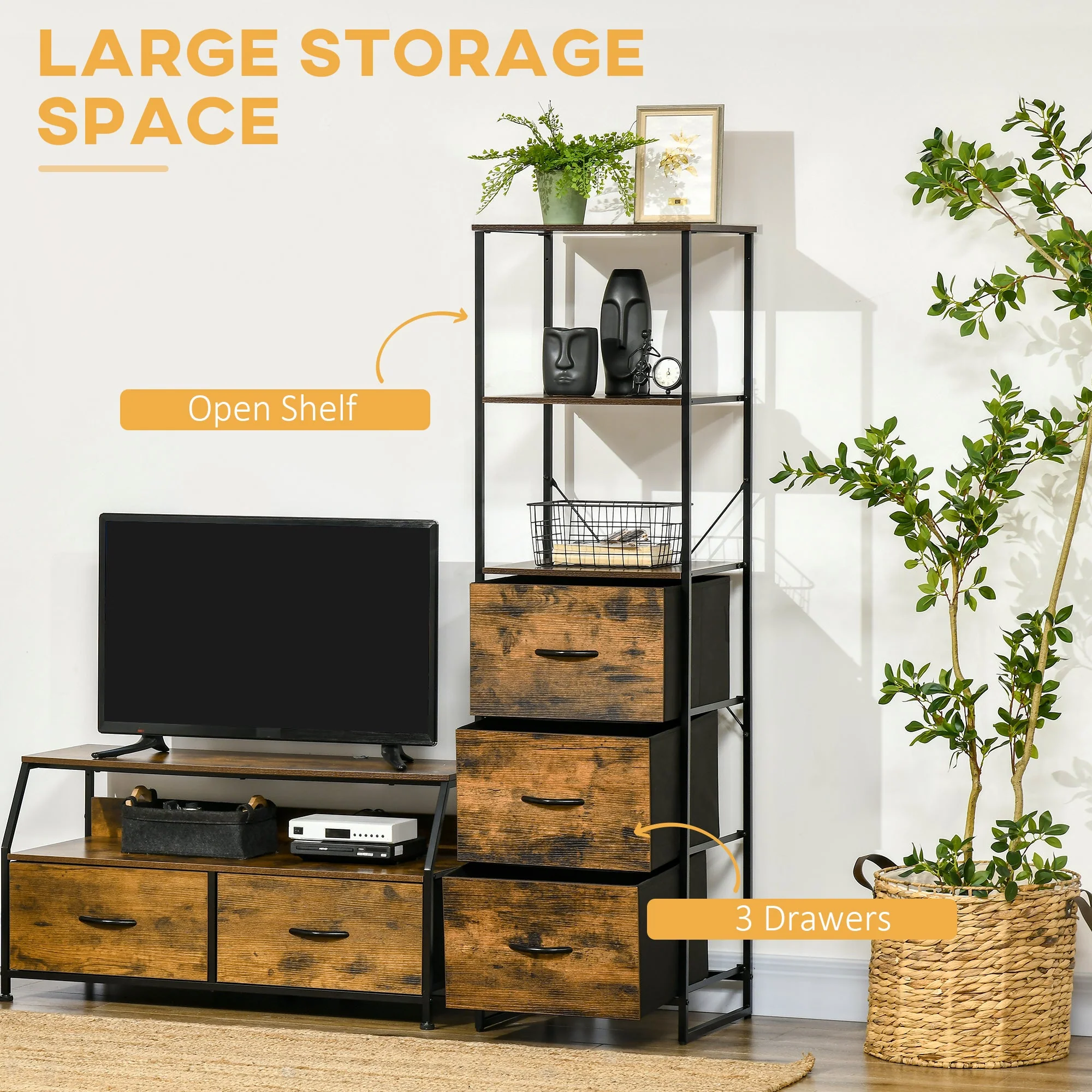 Industrial Storage Cabinet with 2 Open Shelves and 3 Foldable Fabric Drawers - Image 4