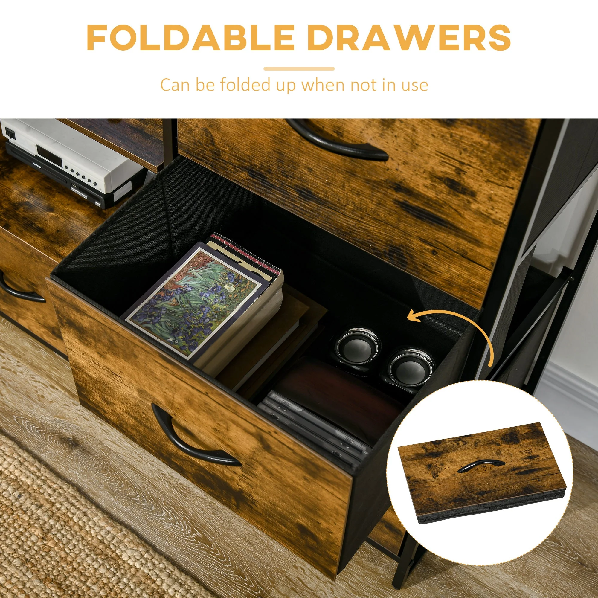 Industrial Storage Cabinet with 2 Open Shelves and 3 Foldable Fabric Drawers - Image 5