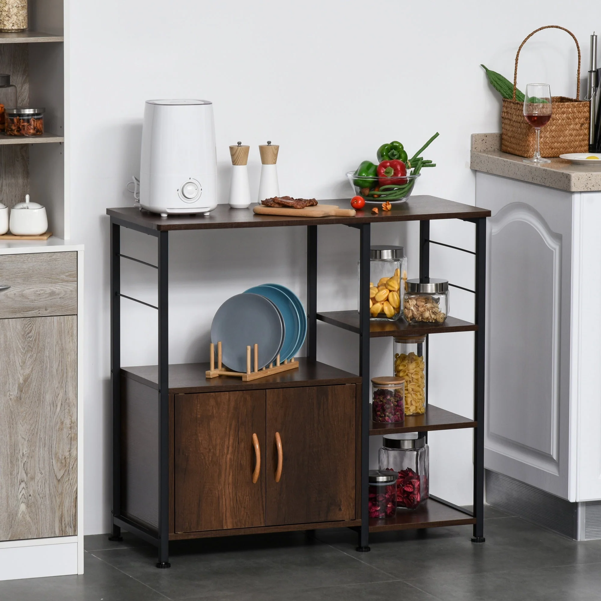 Industrial Storage Shelf Kitchen Cupboard Sideboard Metal Frame End Desk with Cabinet & Rack for Dining Room - Image 2