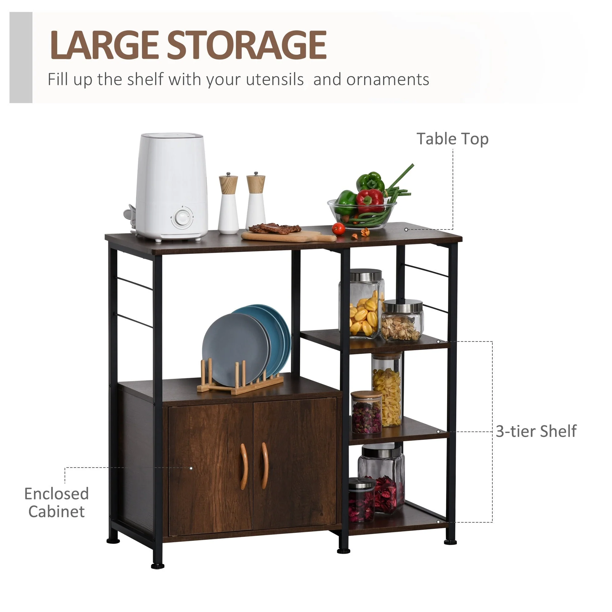 Industrial Storage Shelf Kitchen Cupboard Sideboard Metal Frame End Desk with Cabinet & Rack for Dining Room - Image 4