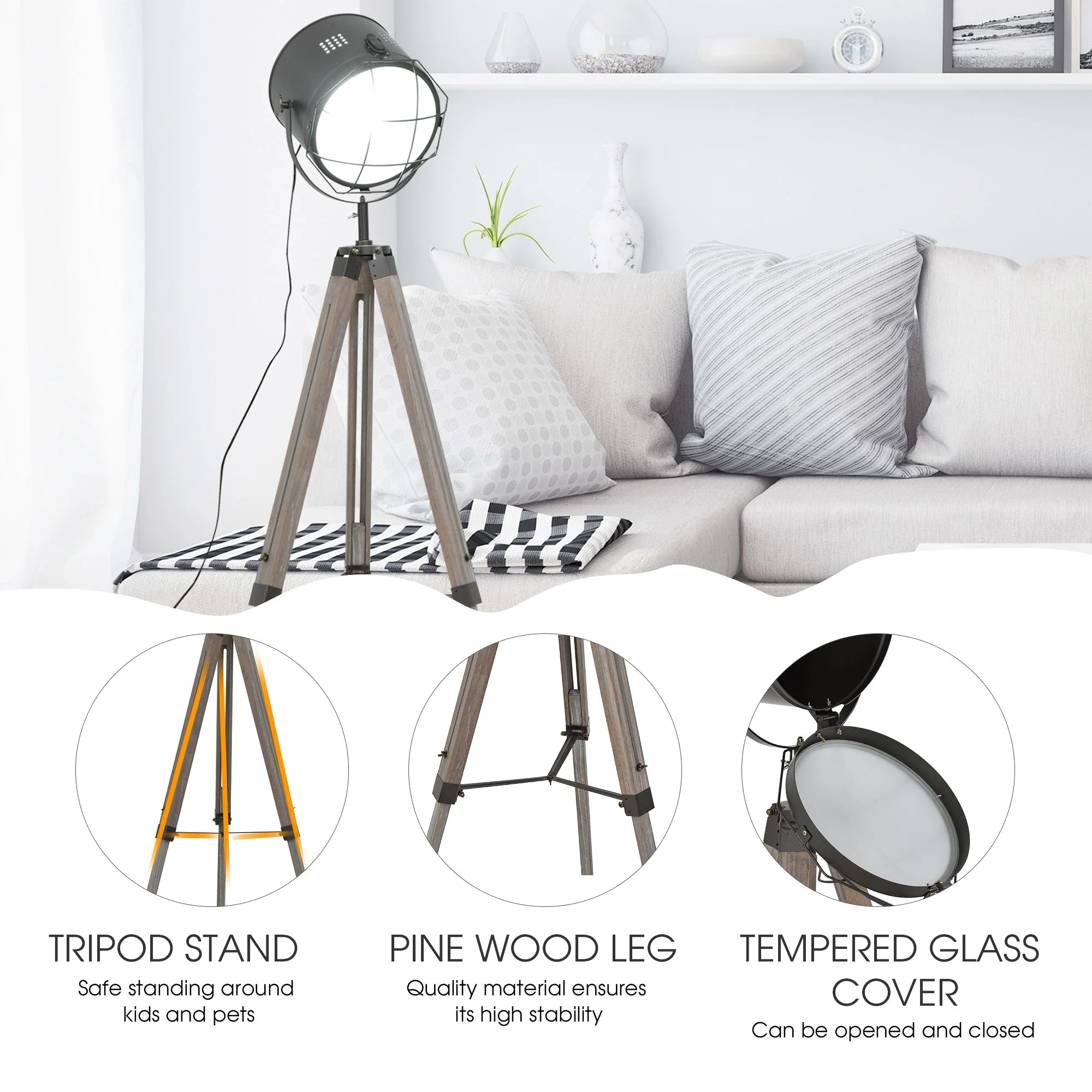 Industrial Style Adjustable Tripod Floor Lamp for Living Room Bedroom - Image 6
