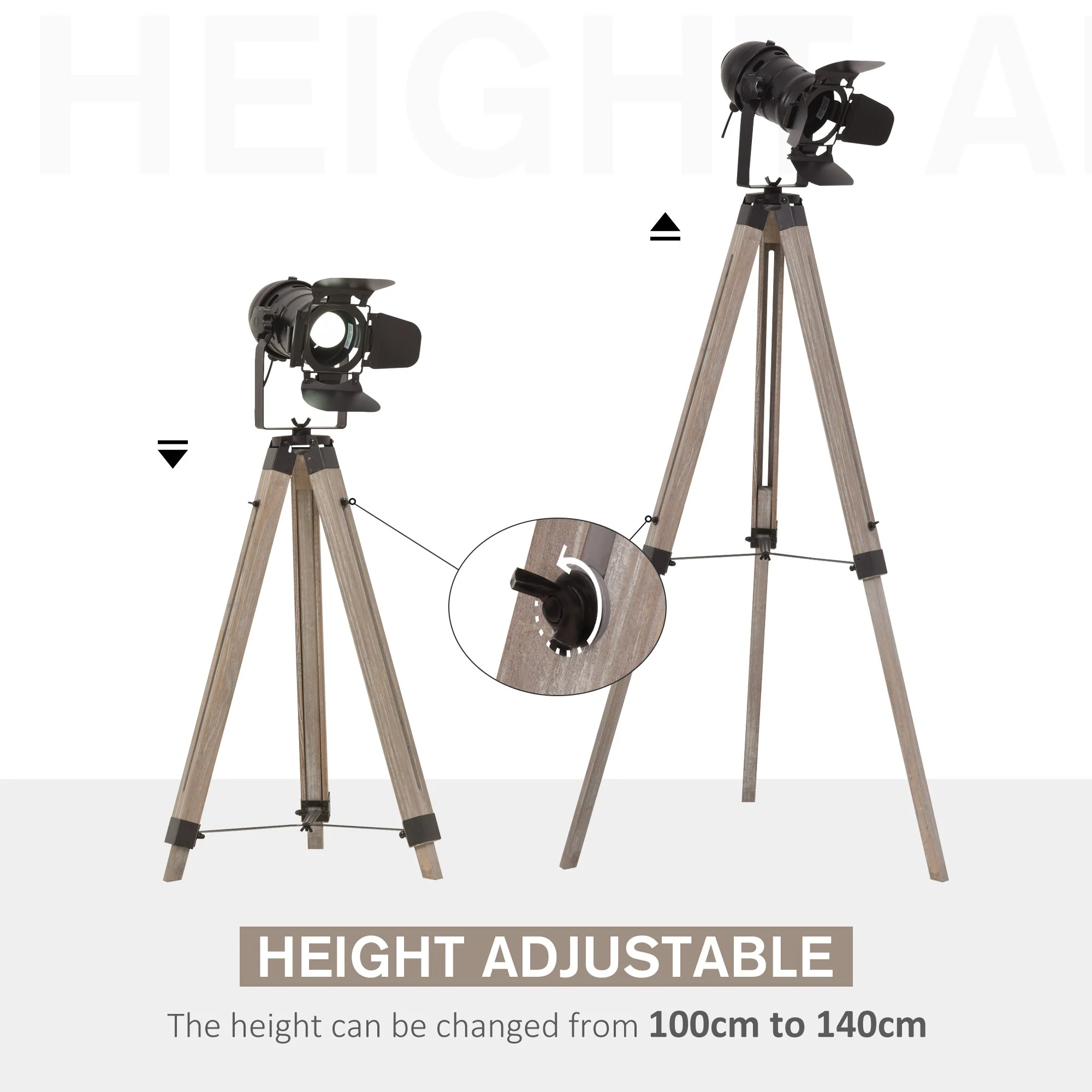 Industrial Style Adjustable Tripod Floor Lamp Vintage Spotlight Reading Lamp w/ Wood Metal Legs E27 Base For Living Room Bedroom - Image 4