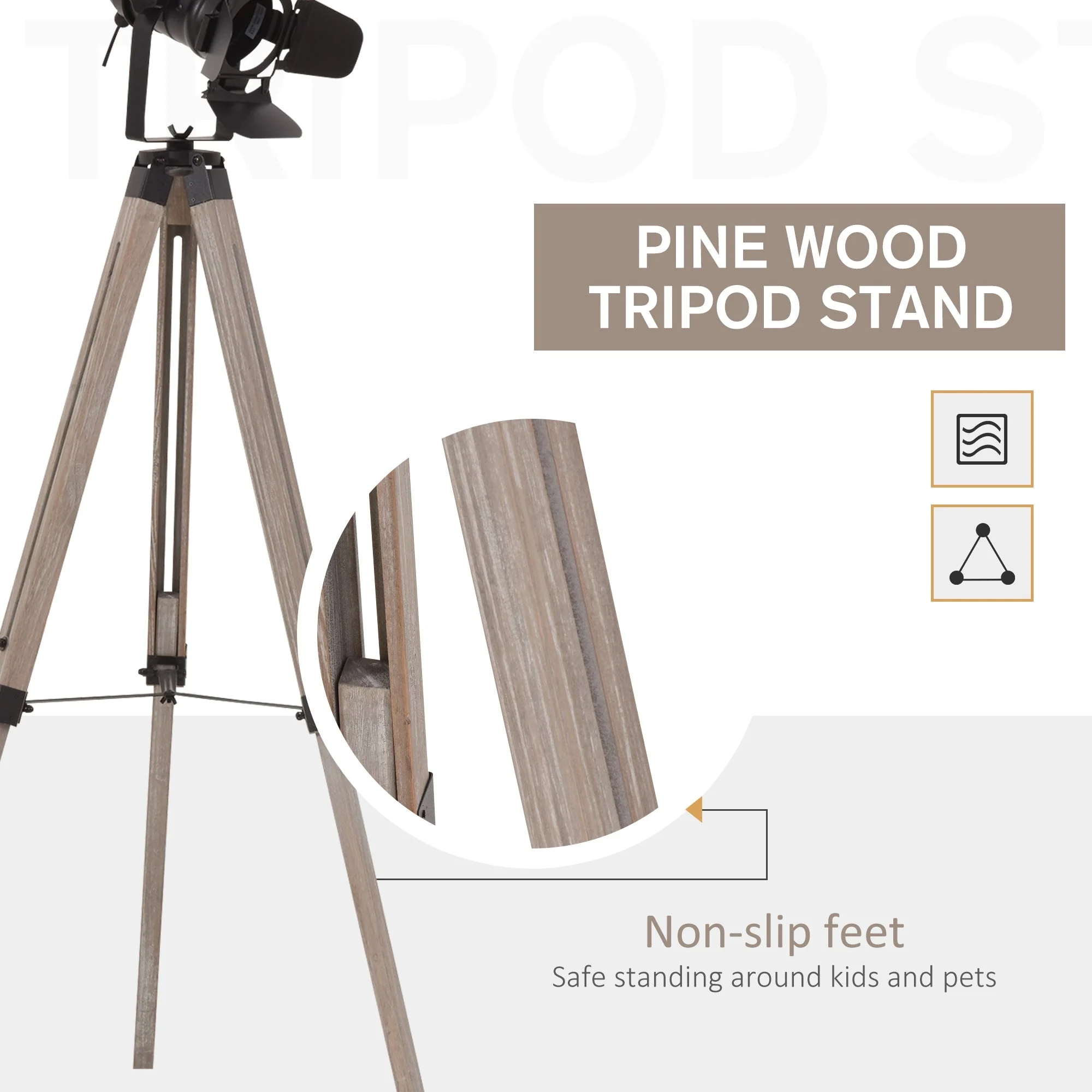 Industrial Style Adjustable Tripod Floor Lamp Vintage Spotlight Reading Lamp w/ Wood Metal Legs E27 Base For Living Room Bedroom - Image 6