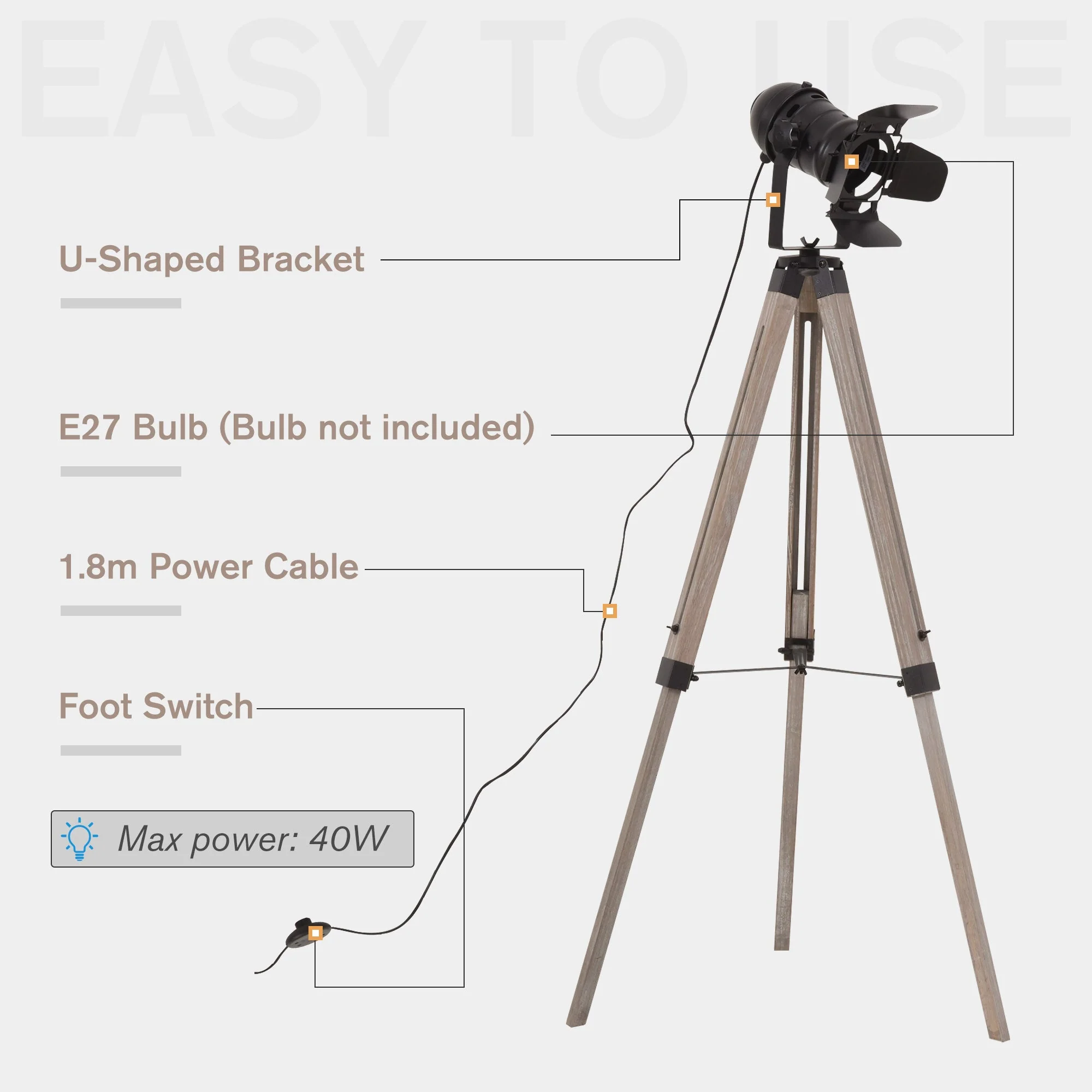 Industrial Style Adjustable Tripod Floor Lamp Vintage Spotlight Reading Lamp w/ Wood Metal Legs E27 Base For Living Room Bedroom - Image 7