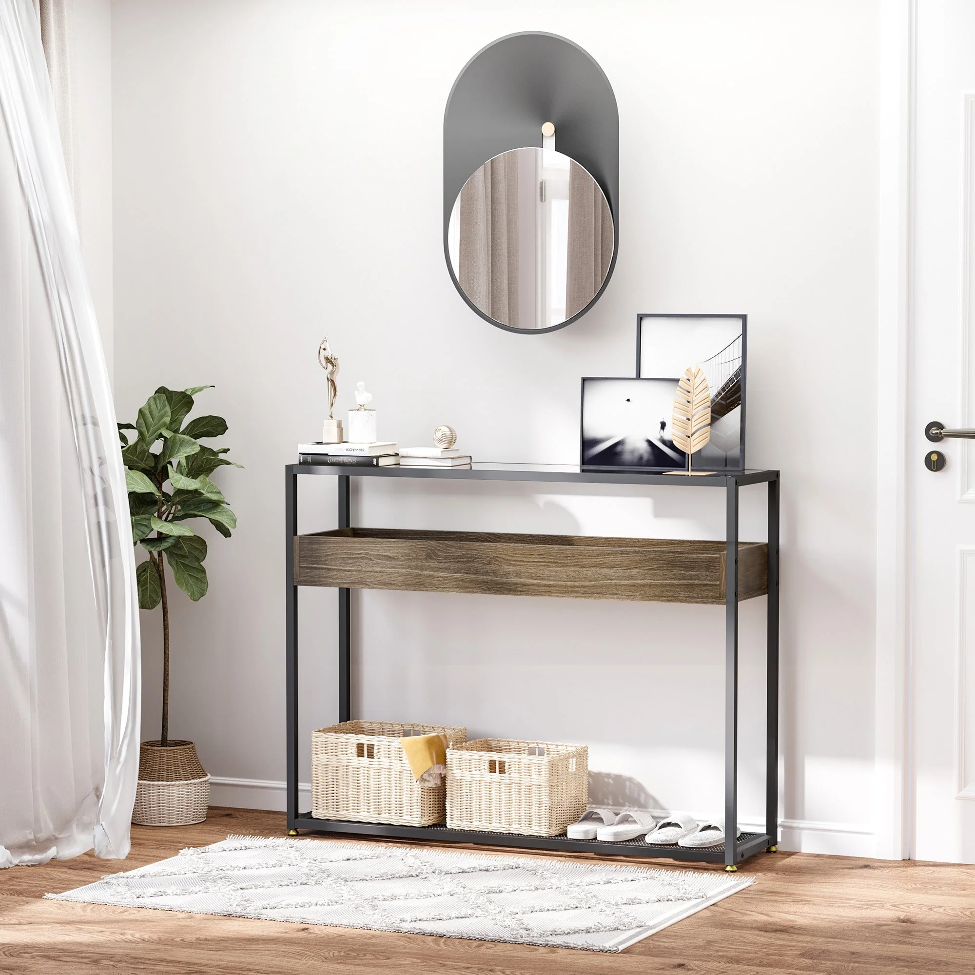 Industrial Style Console Table Sofa Table with Tempered Glass Top and Steel Frame for Living Room Hallway Entrance - Image 2