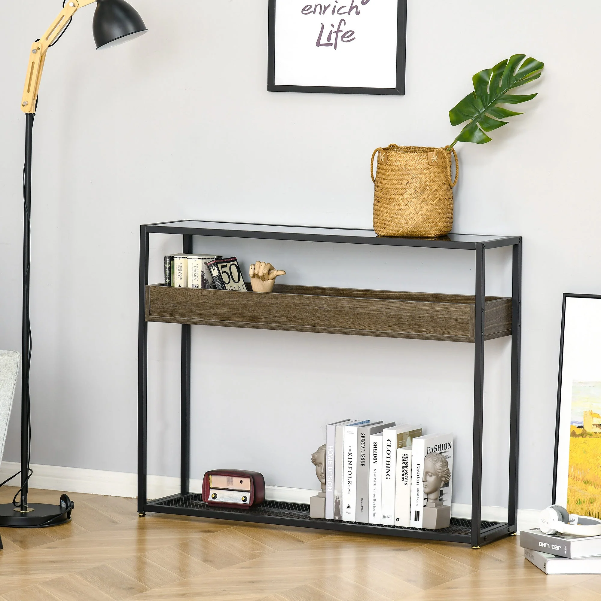 Industrial Style Console Table Sofa Table with Tempered Glass Top and Steel Frame for Living Room Hallway Entrance - Image 8