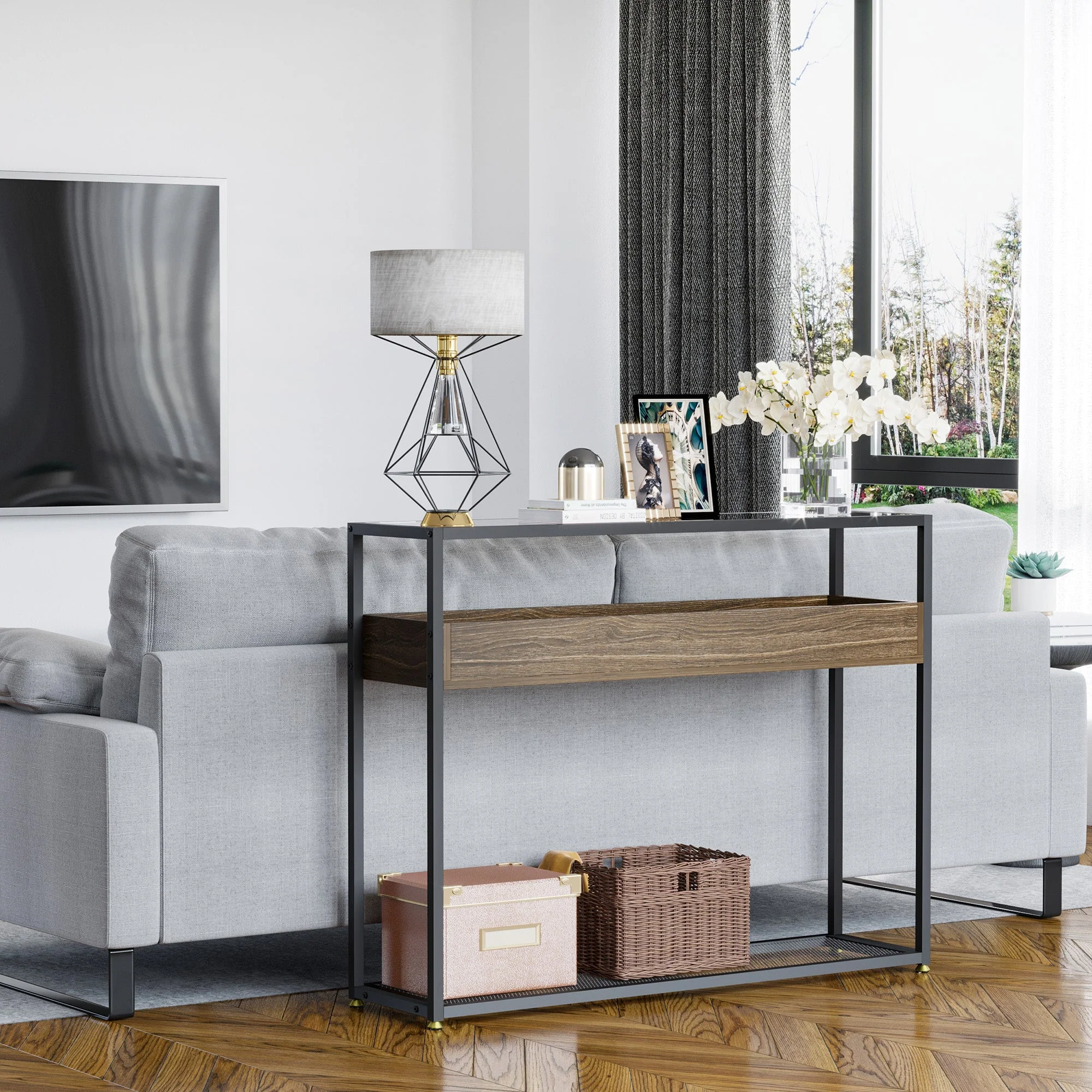 Industrial Style Console Table Sofa Table with Tempered Glass Top and Steel Frame for Living Room Hallway Entrance - Image 9