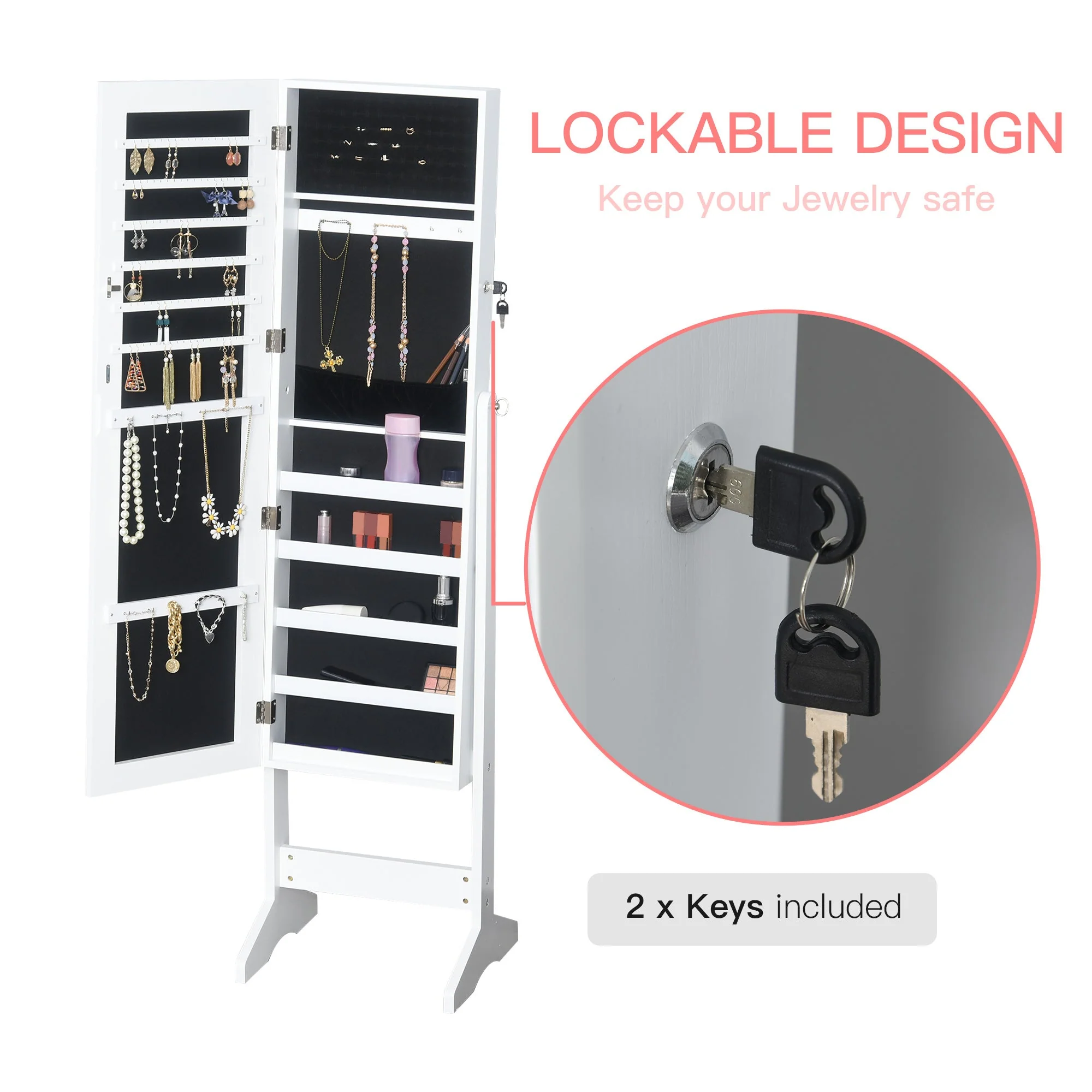 Jewelry Cabinet Standing Mirror Full Length Makeup Lockable Armoire Storage Organizer White - Image 5