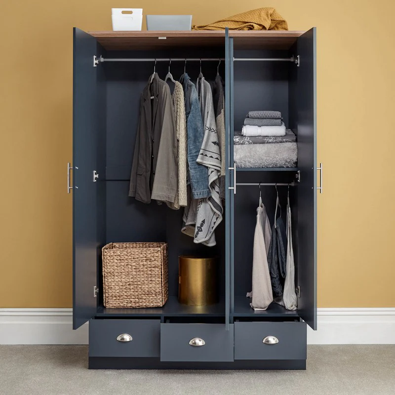 Kendal Tall Wardrobe Blue 3 Doors 1 Shelf 3 Drawers - Image 2