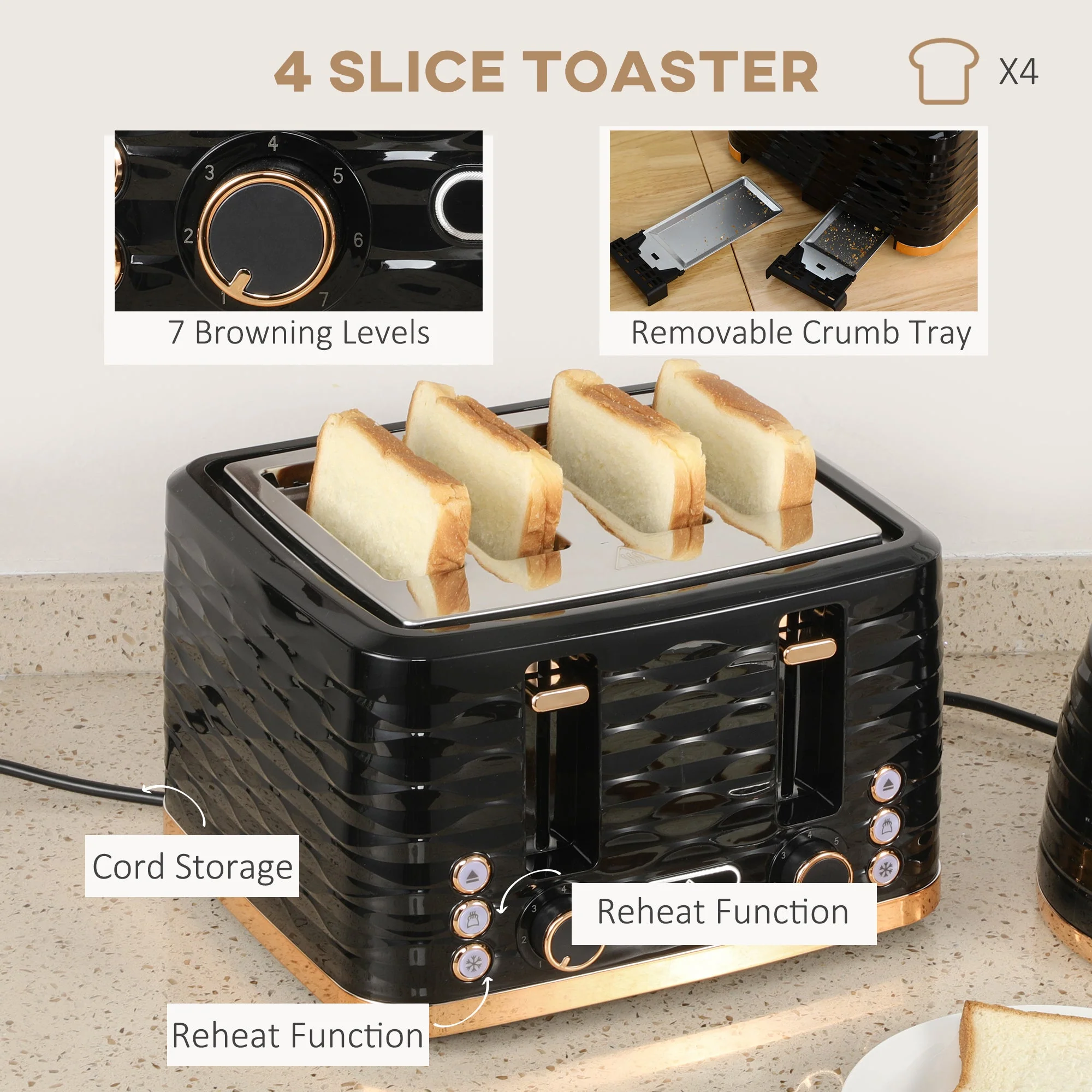 Kettle & Four Slice Toaster Set Black - Image 4