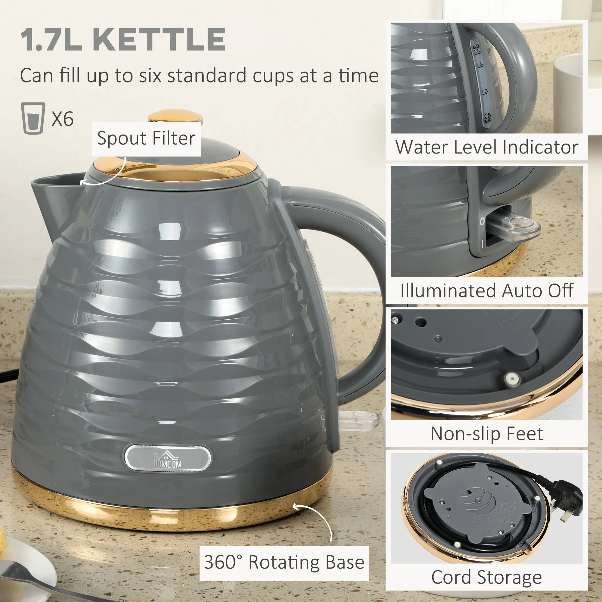 Kettle & Four Slice Toaster Set Grey - Image 4