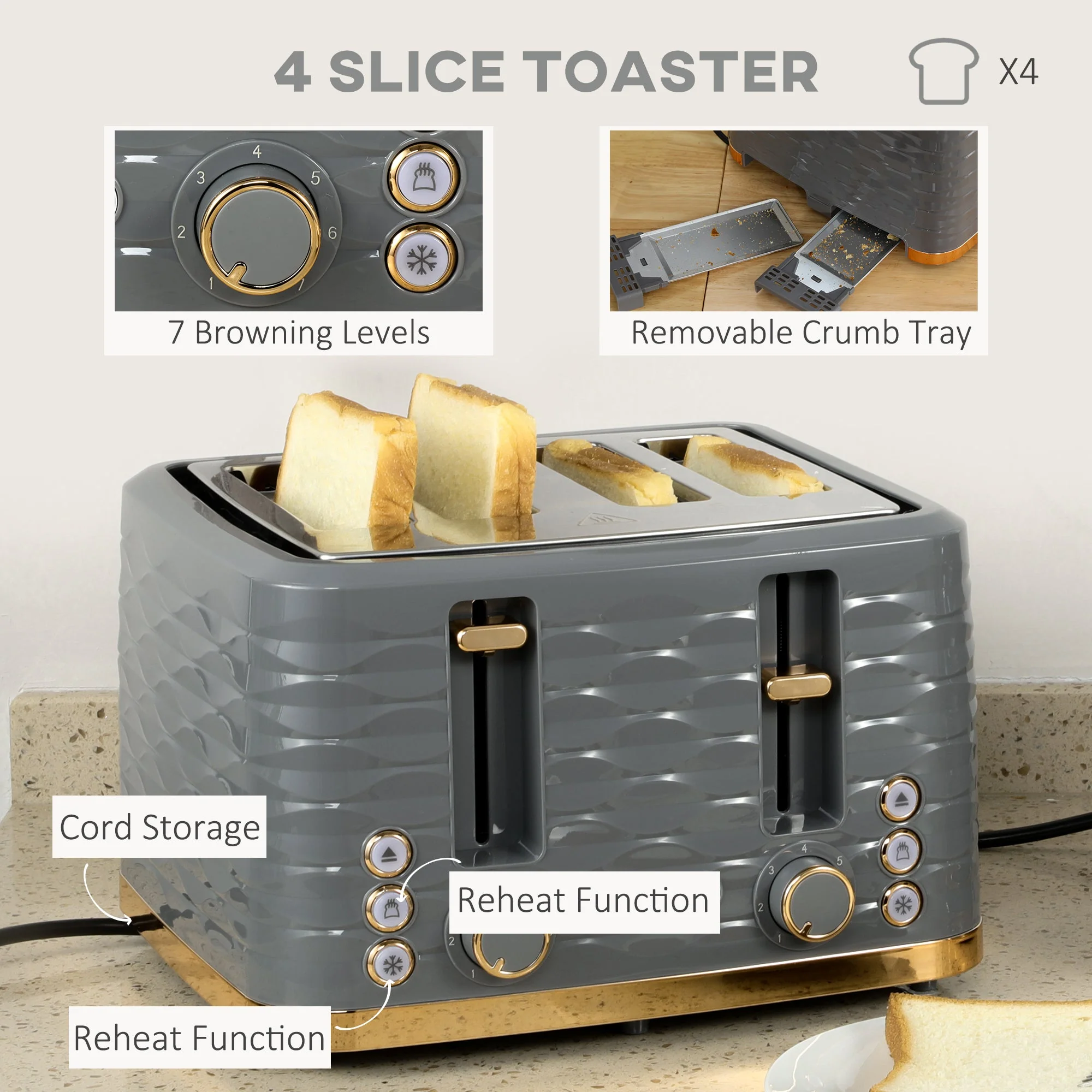 Kettle & Four Slice Toaster Set Grey - Image 5