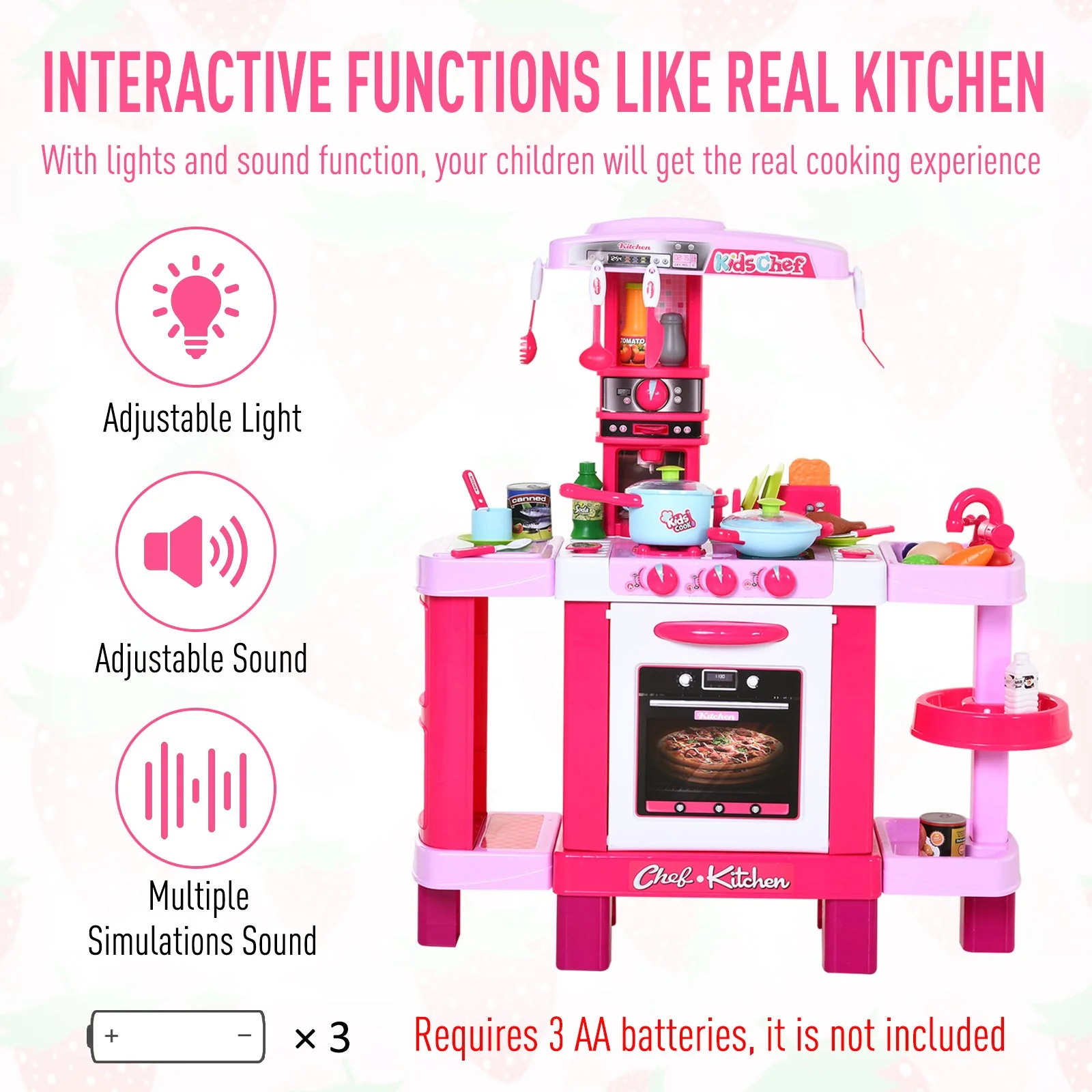 Kids 38-Piece Plastic Kitchen Play Set w/ Light & Sound Effects Pink - Image 4