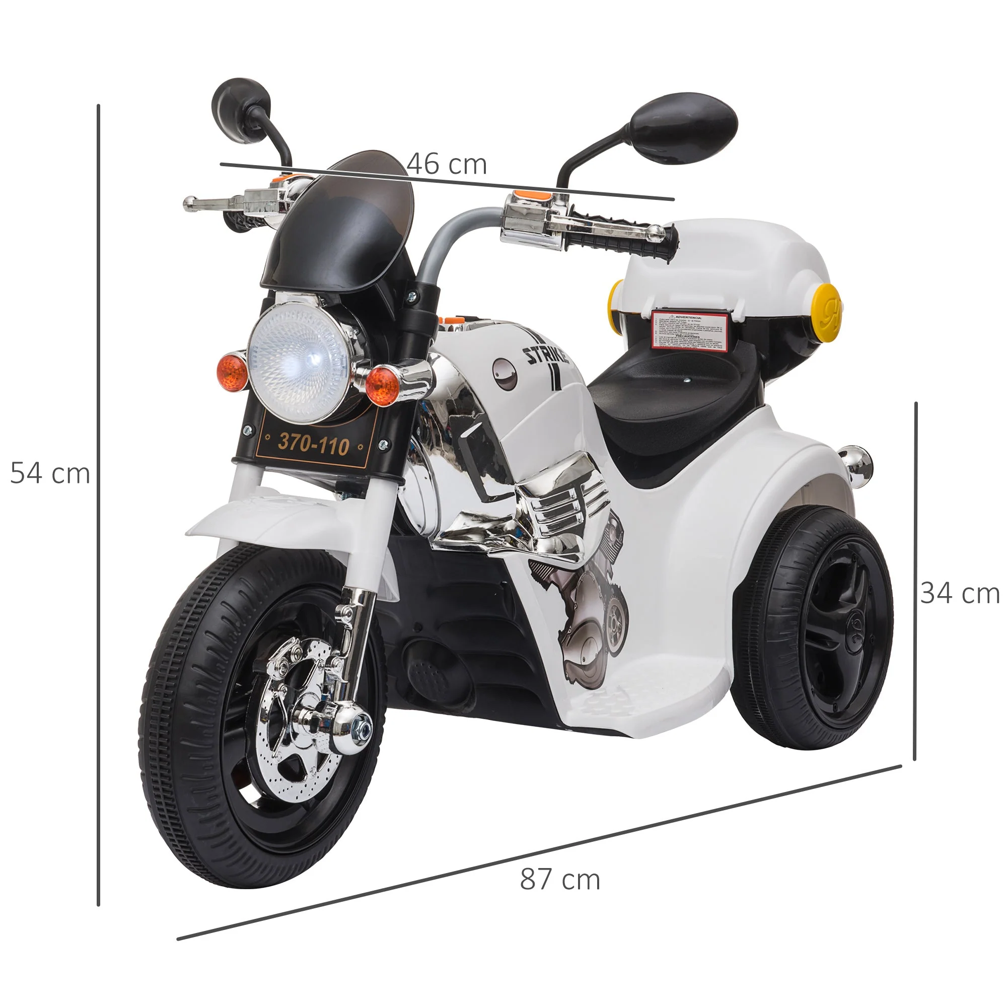 Kids 6V Battery PP Motorcycle Ride On Trike w/ Lights Music Horn 18 - 36 Months White - Image 3