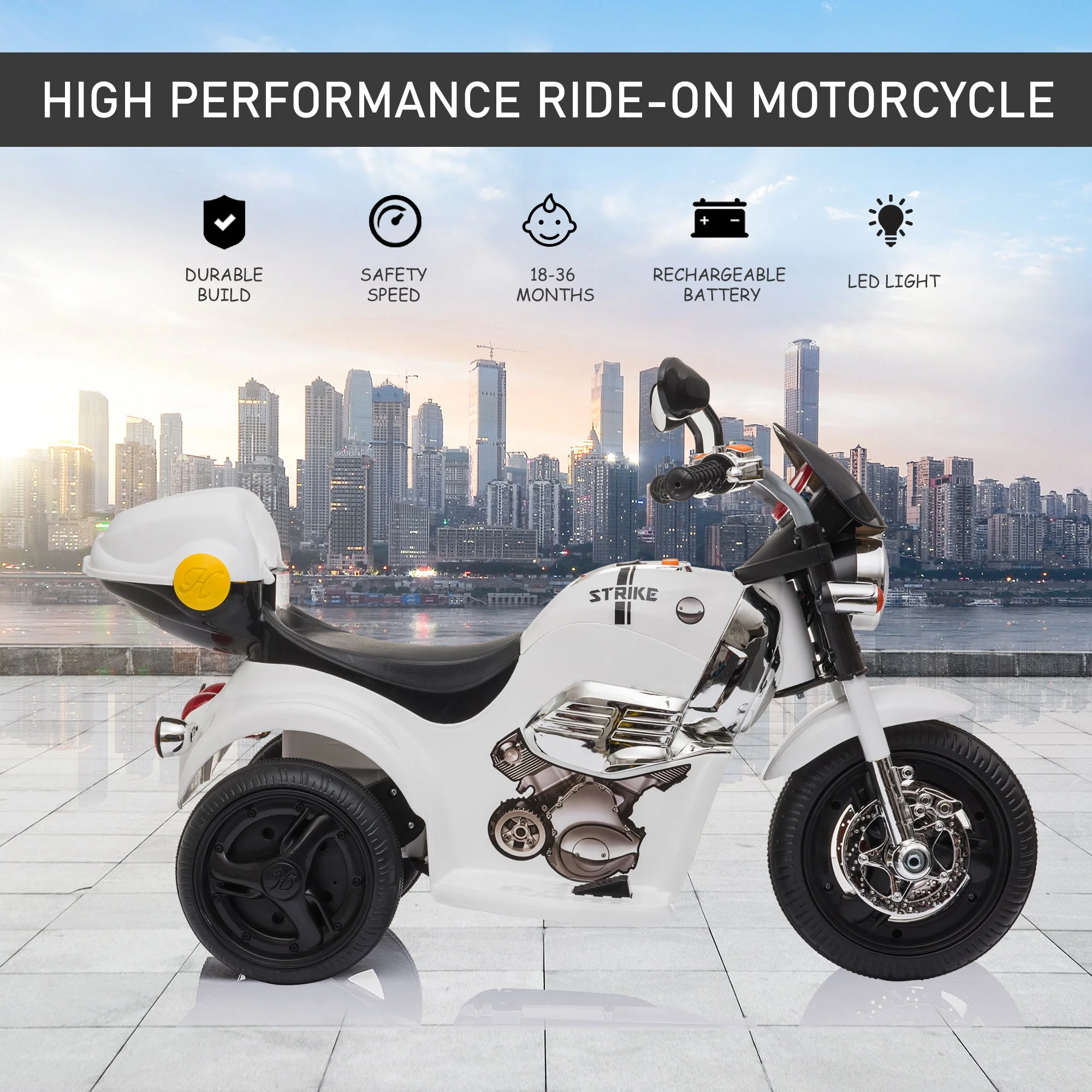 Kids 6V Battery PP Motorcycle Ride On Trike w/ Lights Music Horn 18 - 36 Months White - Image 4