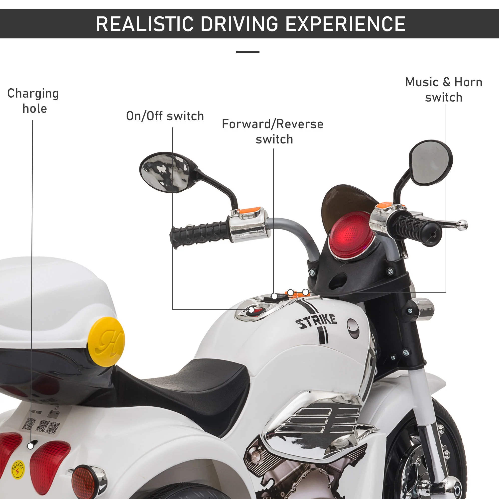 Kids 6V Battery PP Motorcycle Ride On Trike w/ Lights Music Horn 18 - 36 Months White - Image 5