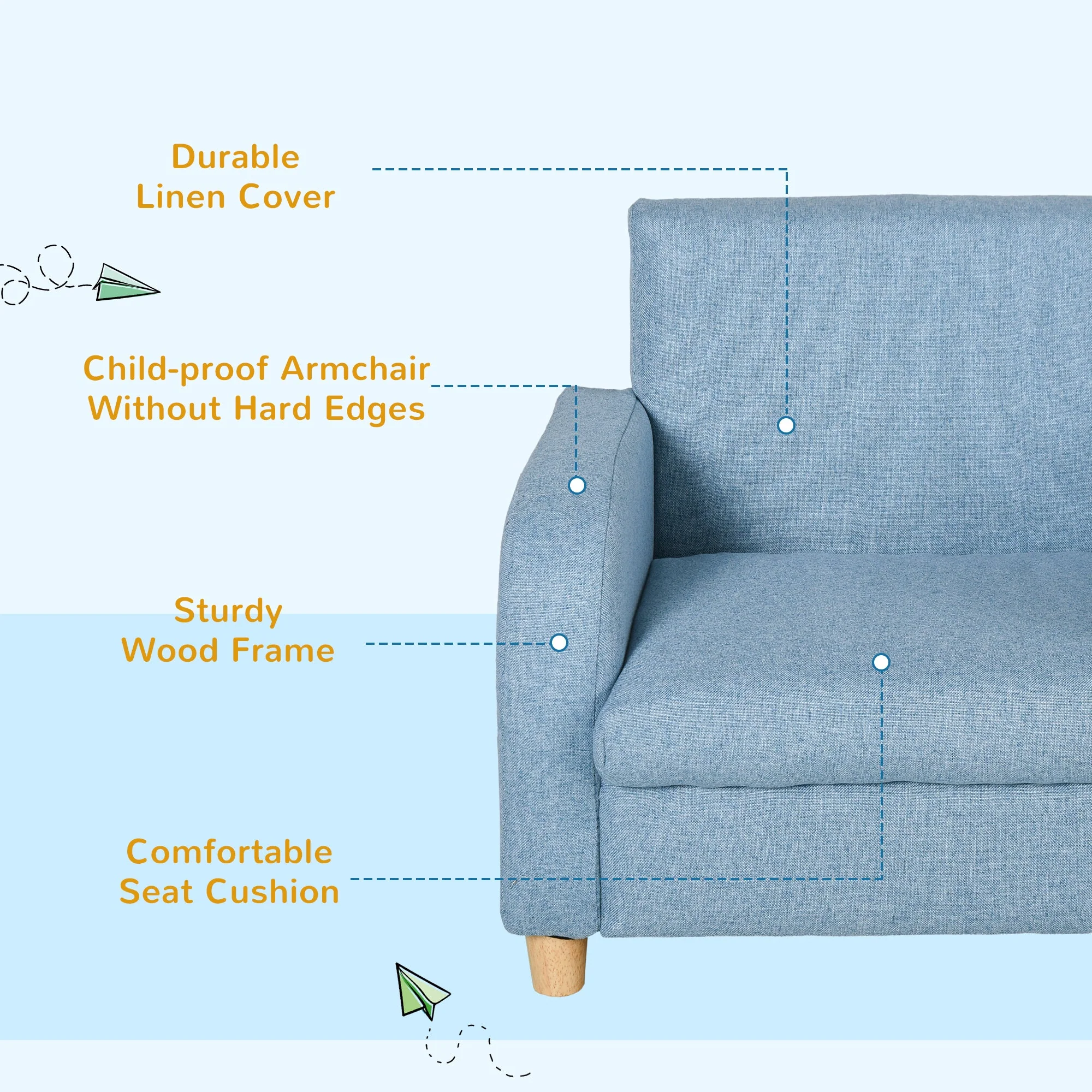 Kids Children Armchair Mini Sofa Wood Frame Anti-Slip Legs High Back Bedroom Playroom Furniture Blue - Image 4