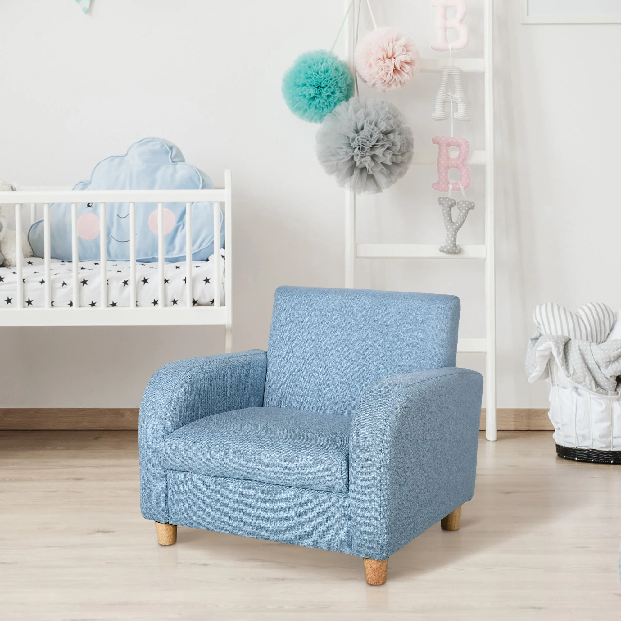 Kids Children Armchair Mini Sofa Wood Frame Anti-Slip Legs High Back Bedroom Playroom Furniture Blue - Image 7