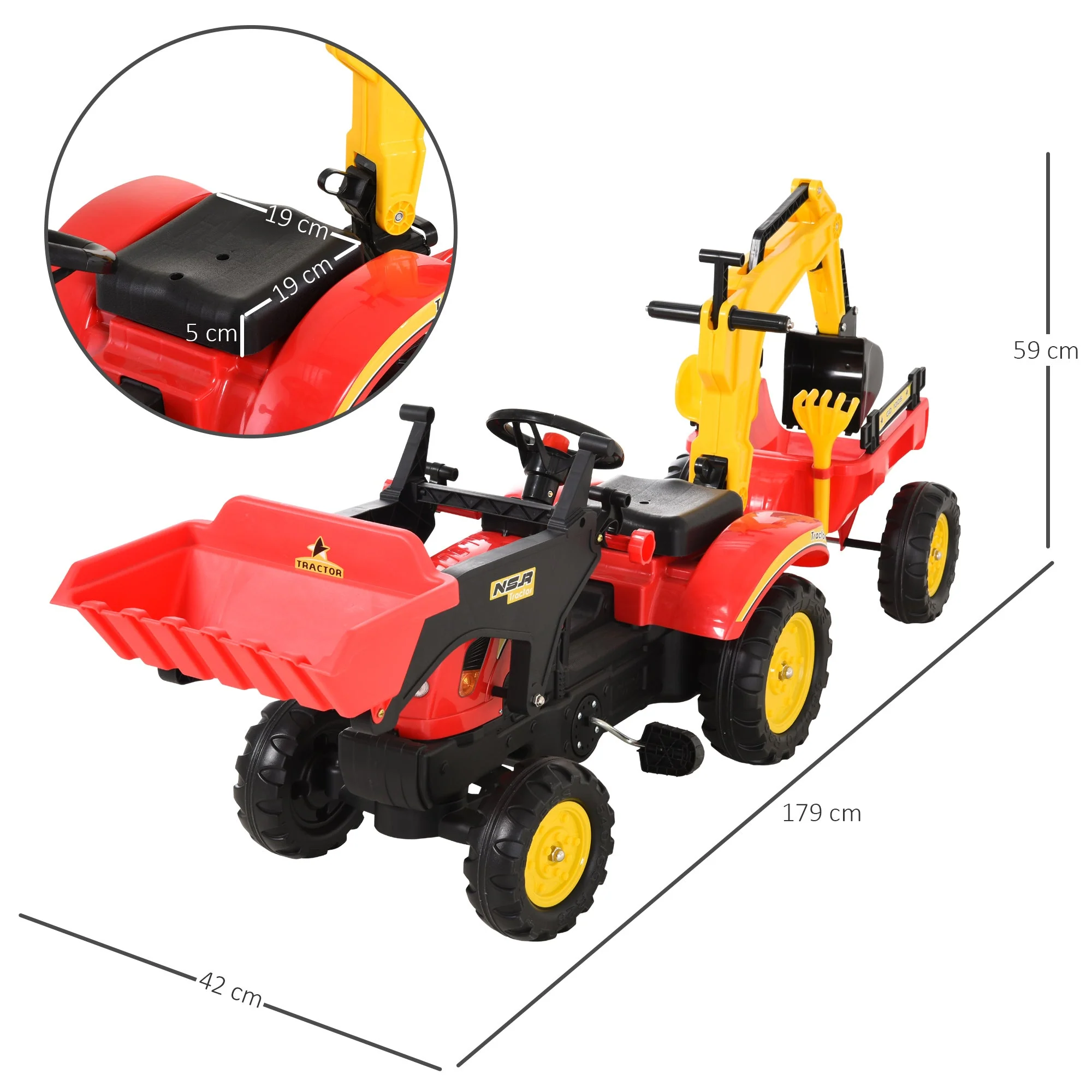 Kids Children Pedal Go Kart Ride On Toy Car Excavator Tractor w/ Moving Bucket Steering Wheel Removable Digger For 3 - 6 Years - Image 3