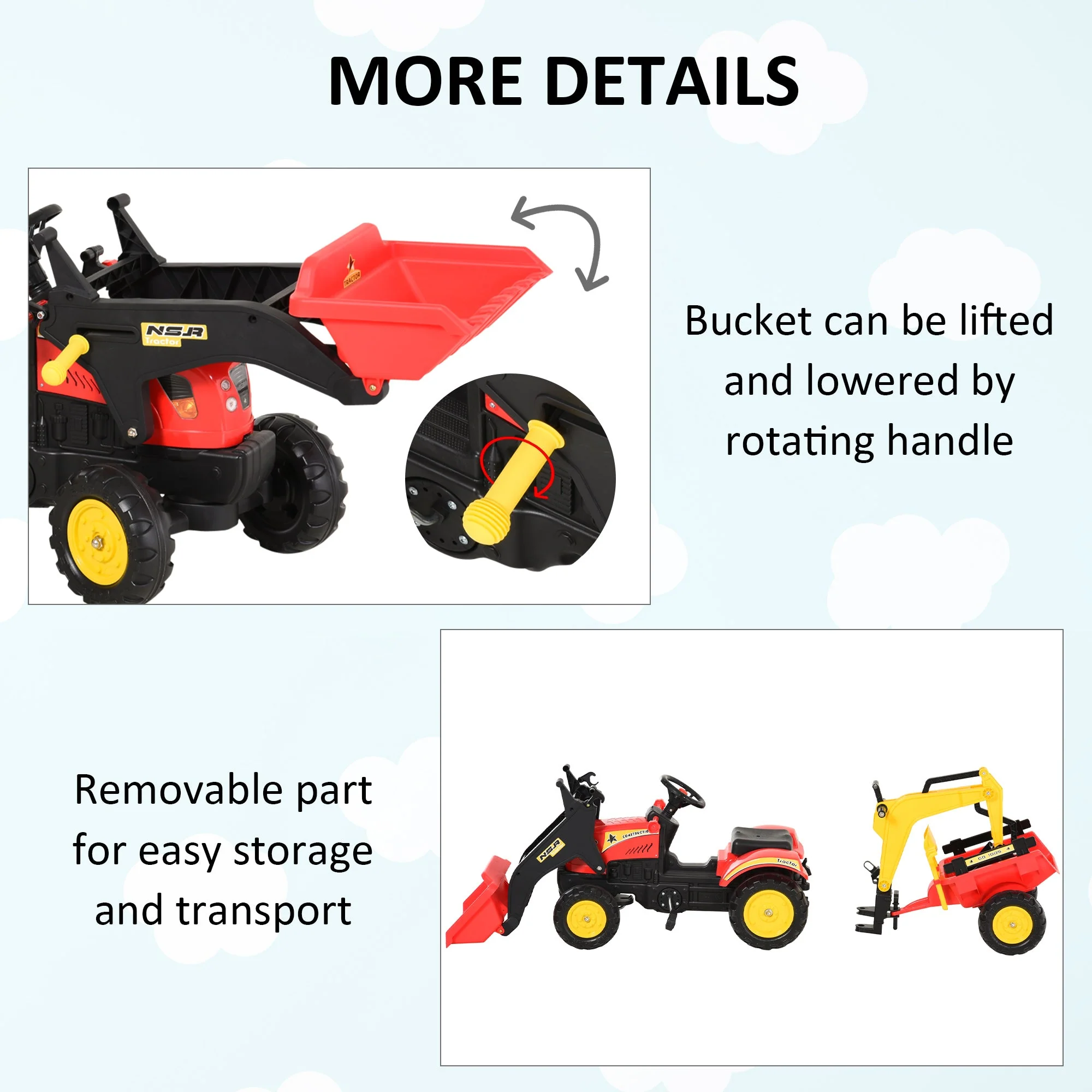 Kids Children Pedal Go Kart Ride On Toy Car Excavator Tractor w/ Moving Bucket Steering Wheel Removable Digger For 3 - 6 Years - Image 5