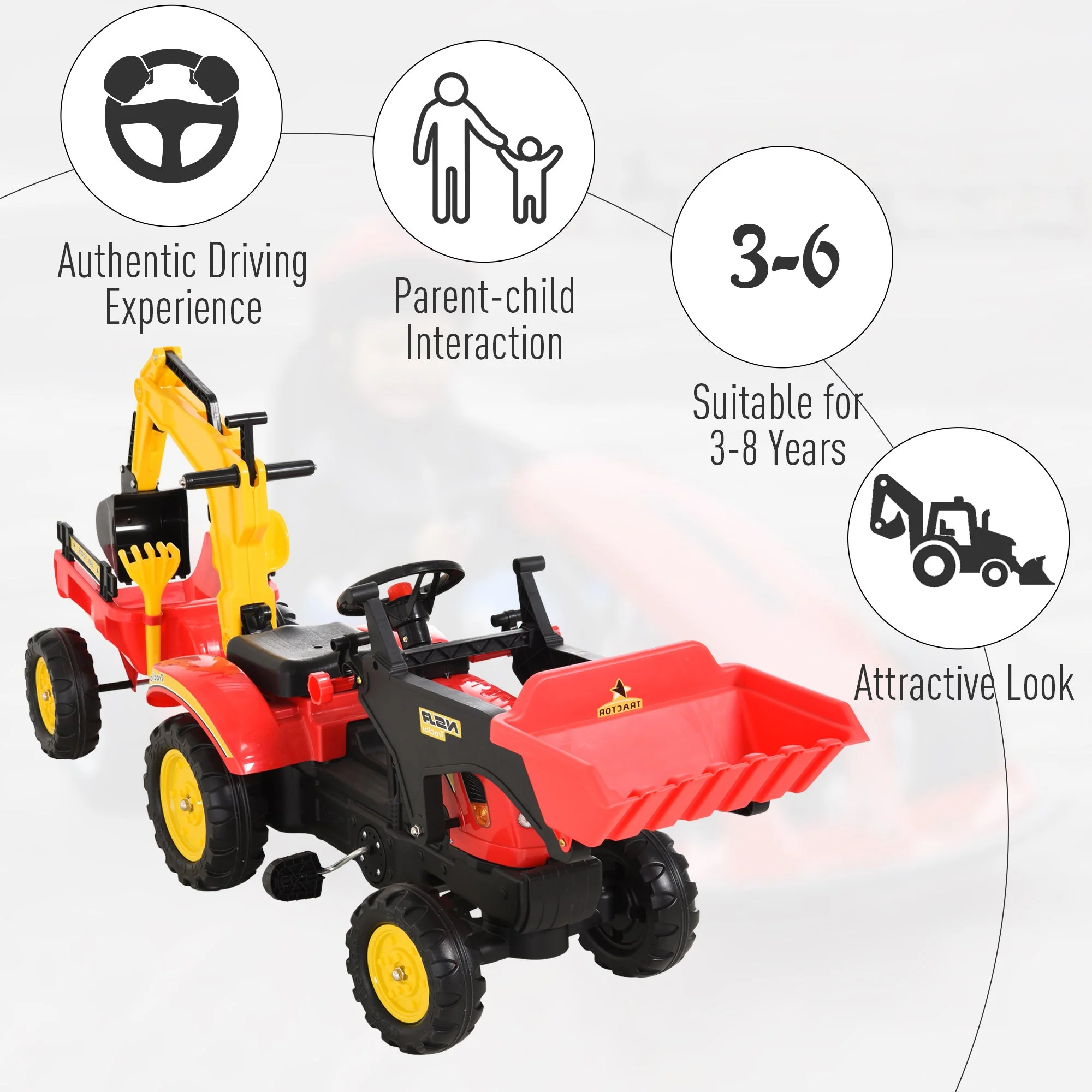 Kids Children Pedal Go Kart Ride On Toy Car Excavator Tractor w/ Moving Bucket Steering Wheel Removable Digger For 3 - 6 Years - Image 9