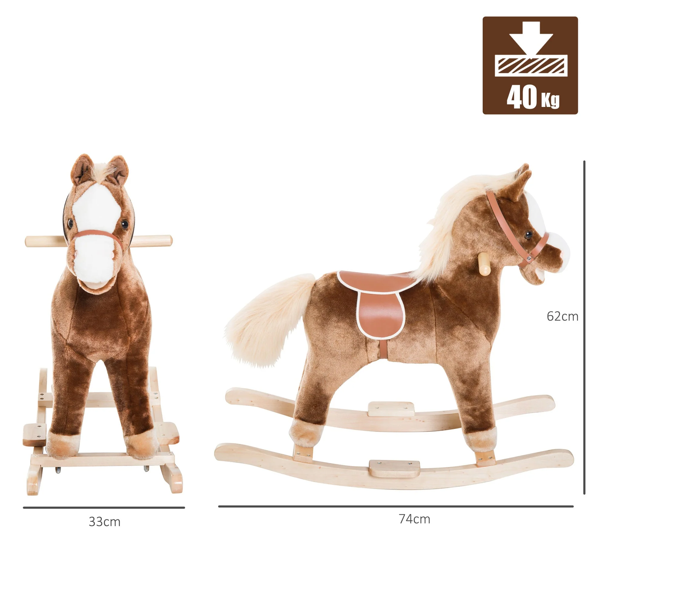 Kids Children Plush Rocking Horse Wooden Base Ride On Toy Rocker with Handle Grip Traditional Toy Fun Gift for Age 3+ Brown - Image 3