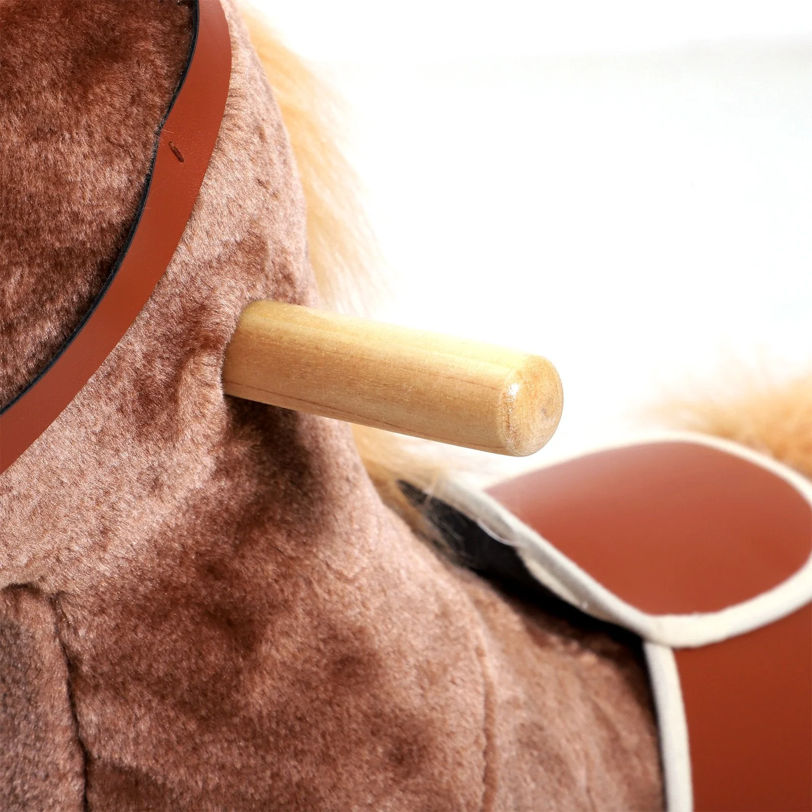 Kids Children Plush Rocking Horse Wooden Base Ride On Toy Rocker with Handle Grip Traditional Toy Fun Gift for Age 3+ Brown - Image 4