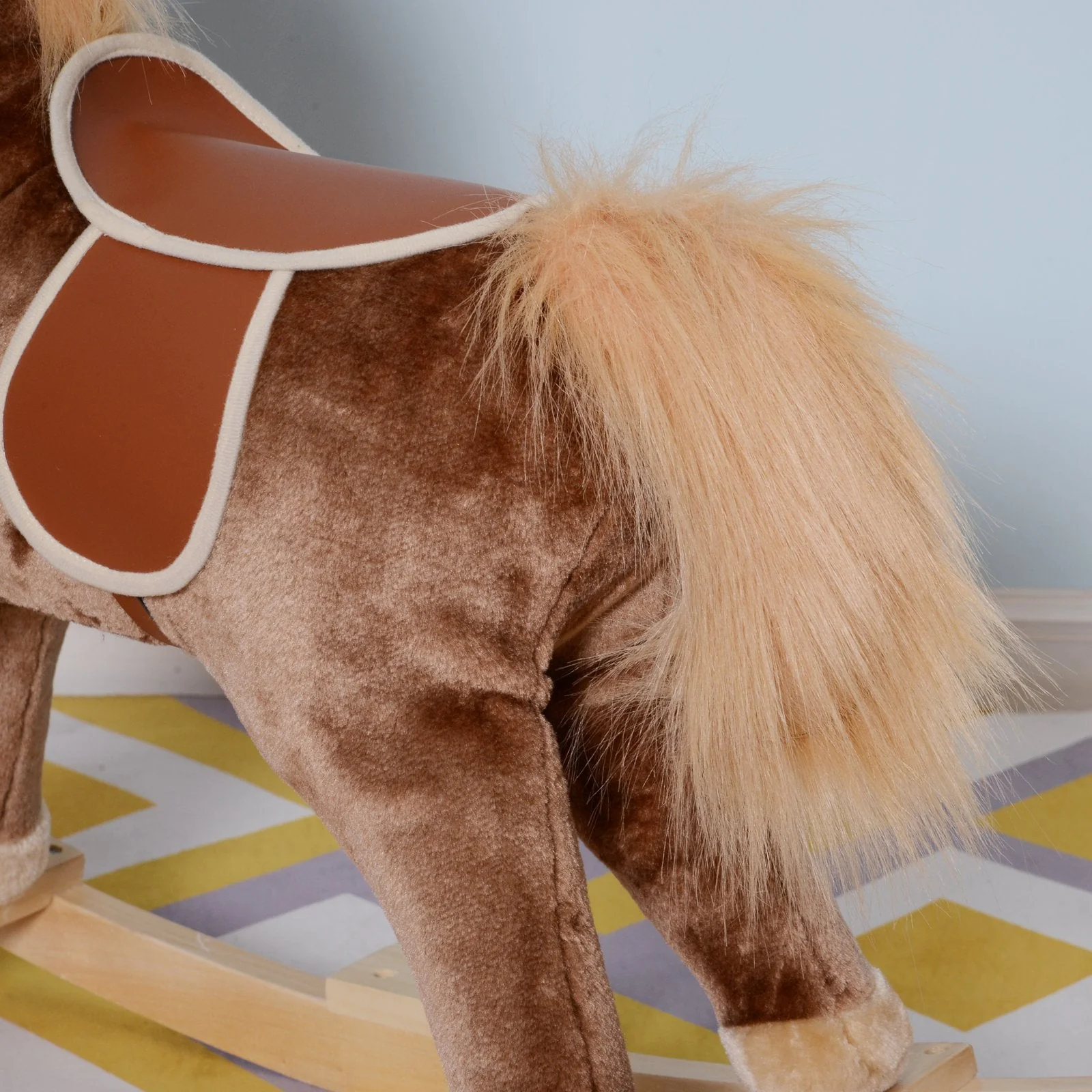 Kids Children Plush Rocking Horse Wooden Base Ride On Toy Rocker with Handle Grip Traditional Toy Fun Gift for Age 3+ Brown - Image 6