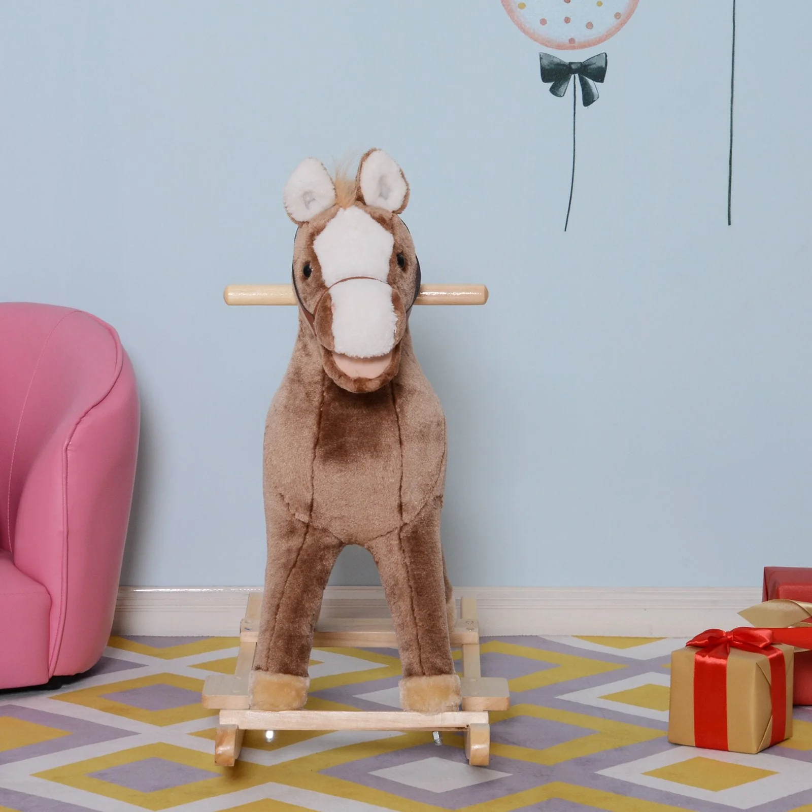 Kids Children Plush Rocking Horse Wooden Base Ride On Toy Rocker with Handle Grip Traditional Toy Fun Gift for Age 3+ Brown - Image 9
