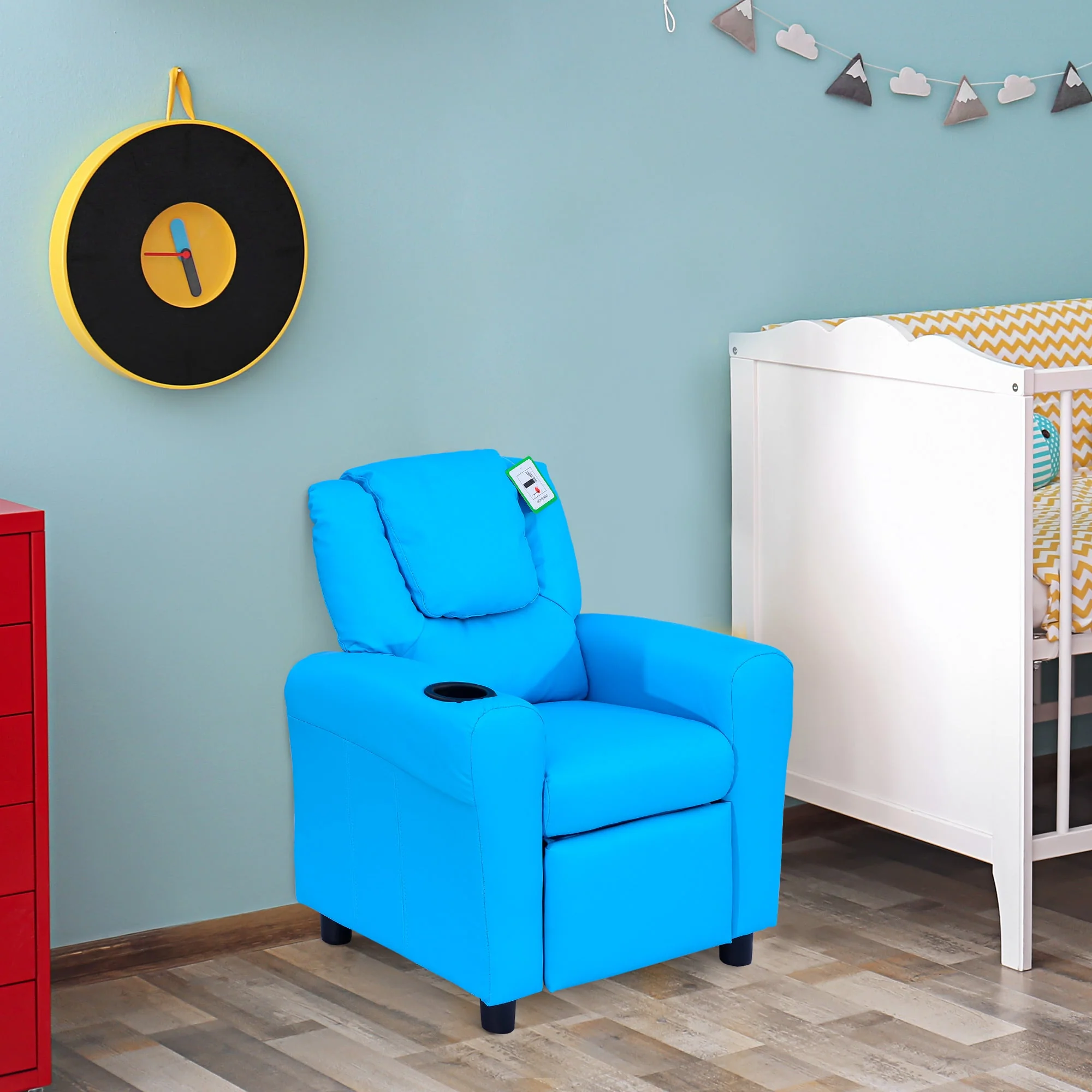 Kids Children Recliner Lounger Armchair Games Chair Sofa Seat PU Leather Look w/ Cup Holder Blue - Image 2