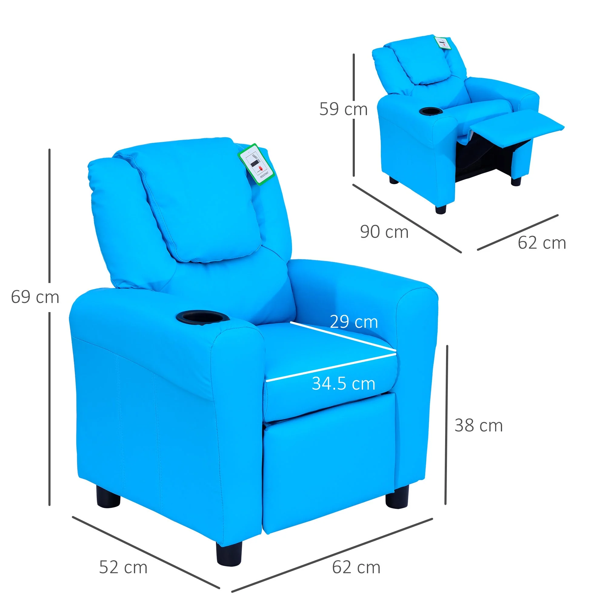 Kids Children Recliner Lounger Armchair Games Chair Sofa Seat PU Leather Look w/ Cup Holder Blue - Image 3