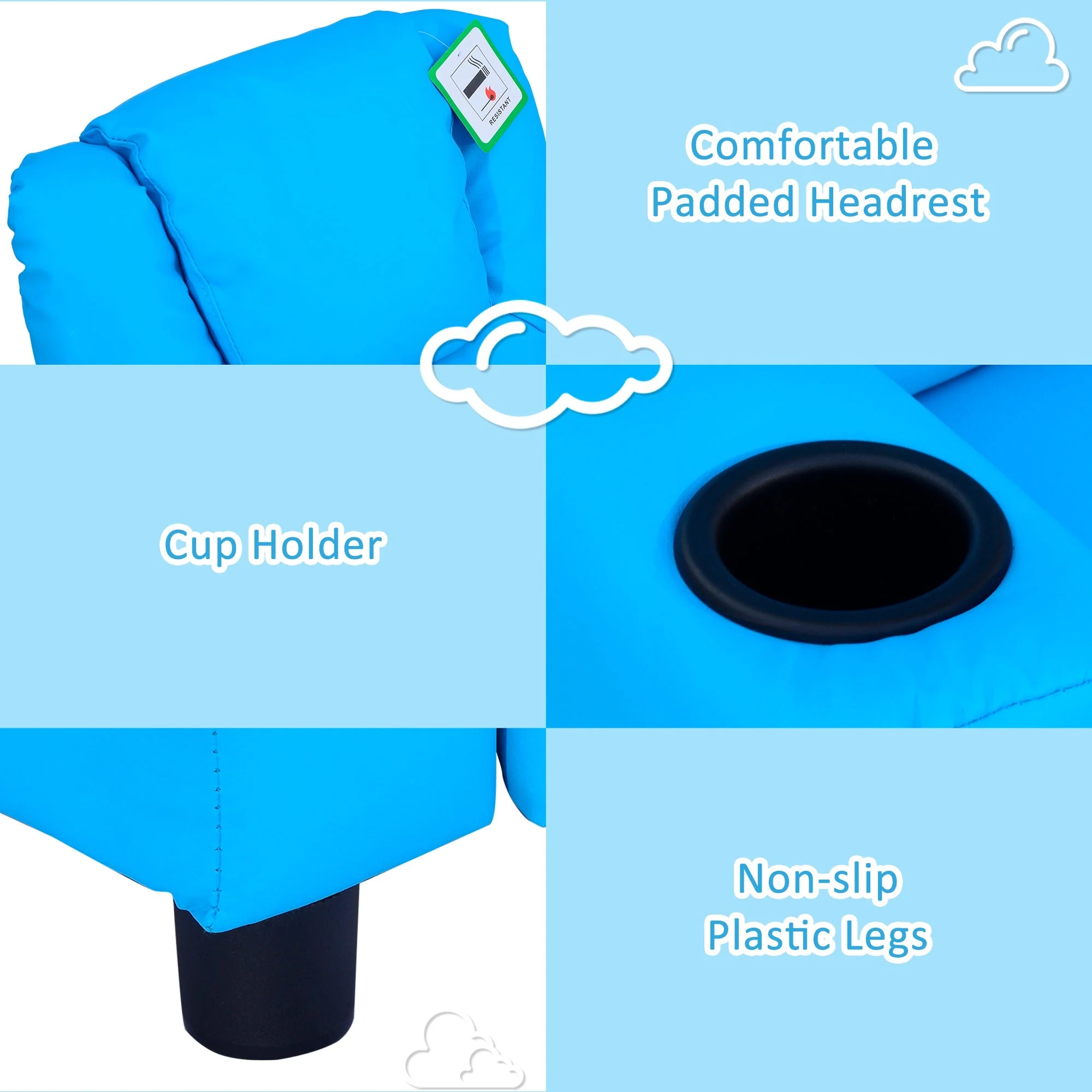 Kids Children Recliner Lounger Armchair Games Chair Sofa Seat PU Leather Look w/ Cup Holder Blue - Image 5