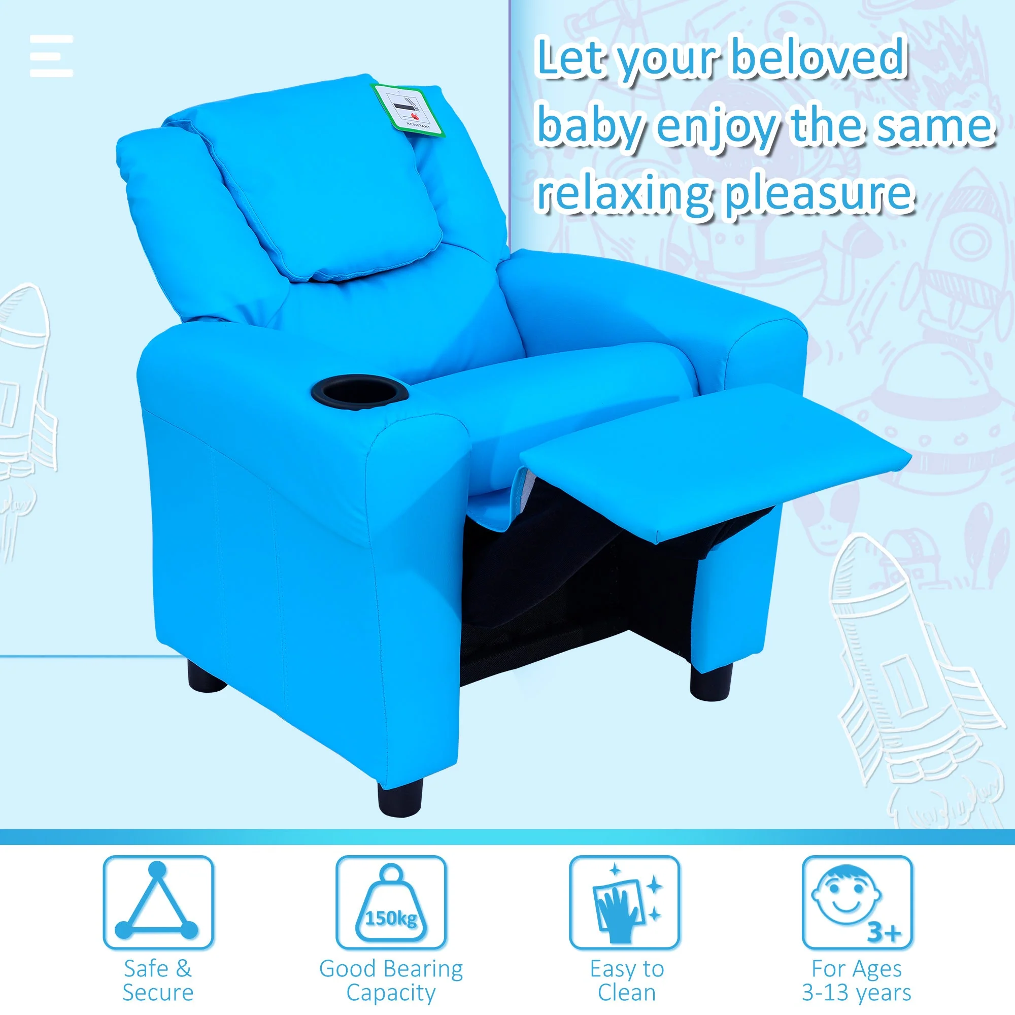 Kids Children Recliner Lounger Armchair Games Chair Sofa Seat PU Leather Look w/ Cup Holder Blue - Image 6