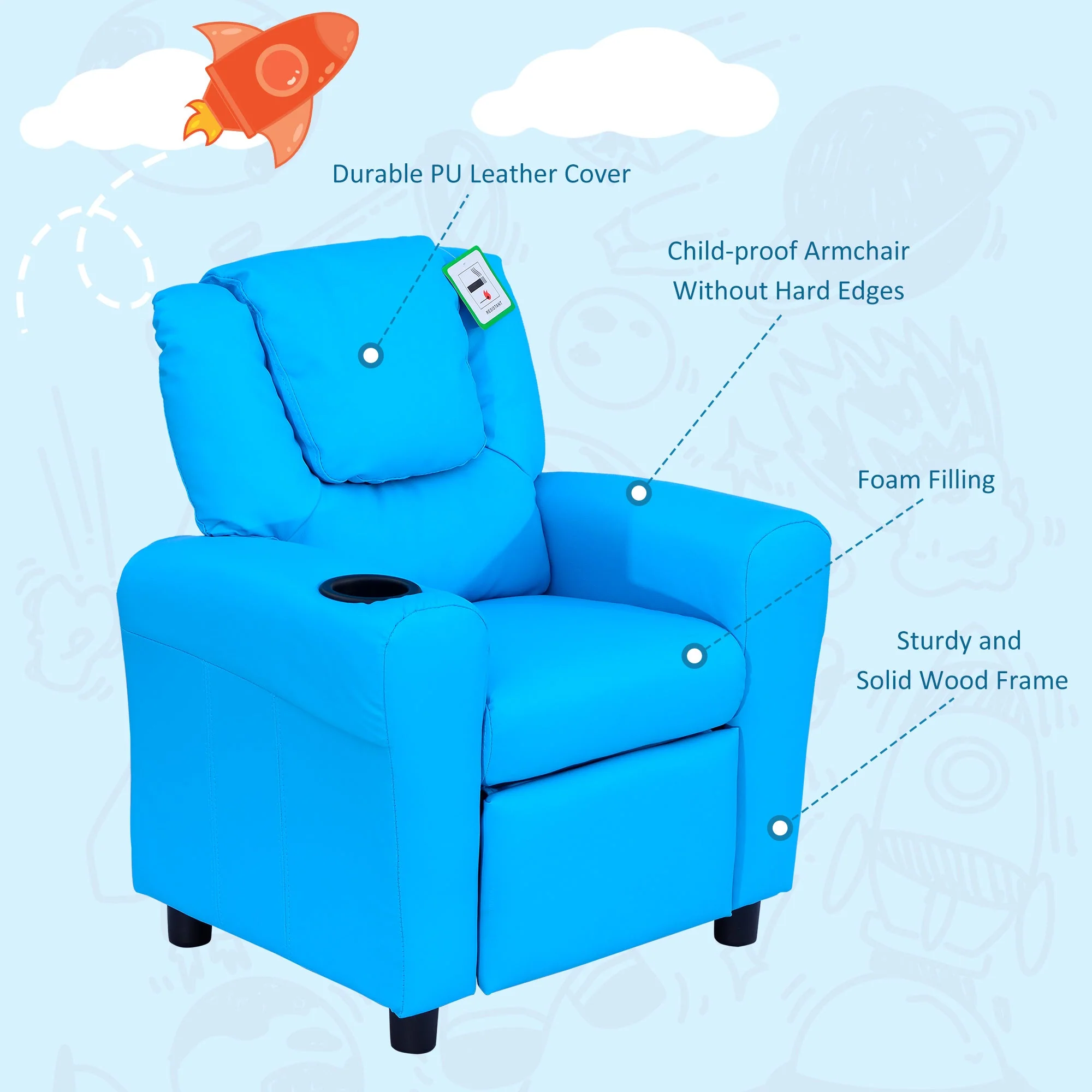 Kids Children Recliner Lounger Armchair Games Chair Sofa Seat PU Leather Look w/ Cup Holder Blue - Image 7