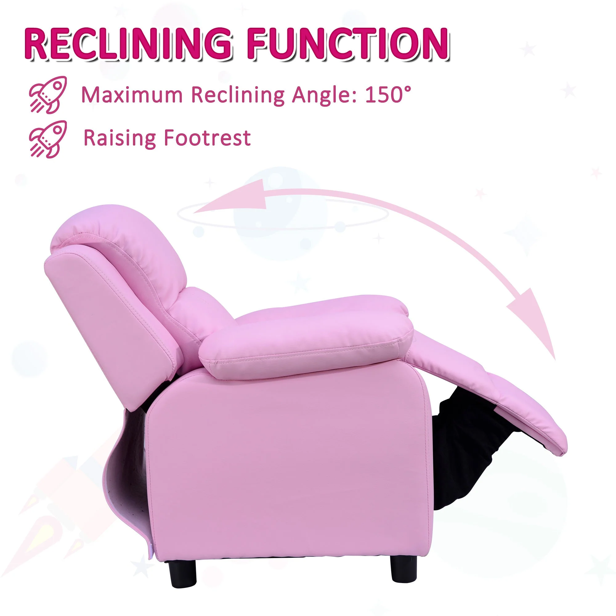 Kids Children Recliner Lounger Armchair Games Chair Sofa Seat PU Leather Look w/ Storage Space on Arms Pink - Image 5