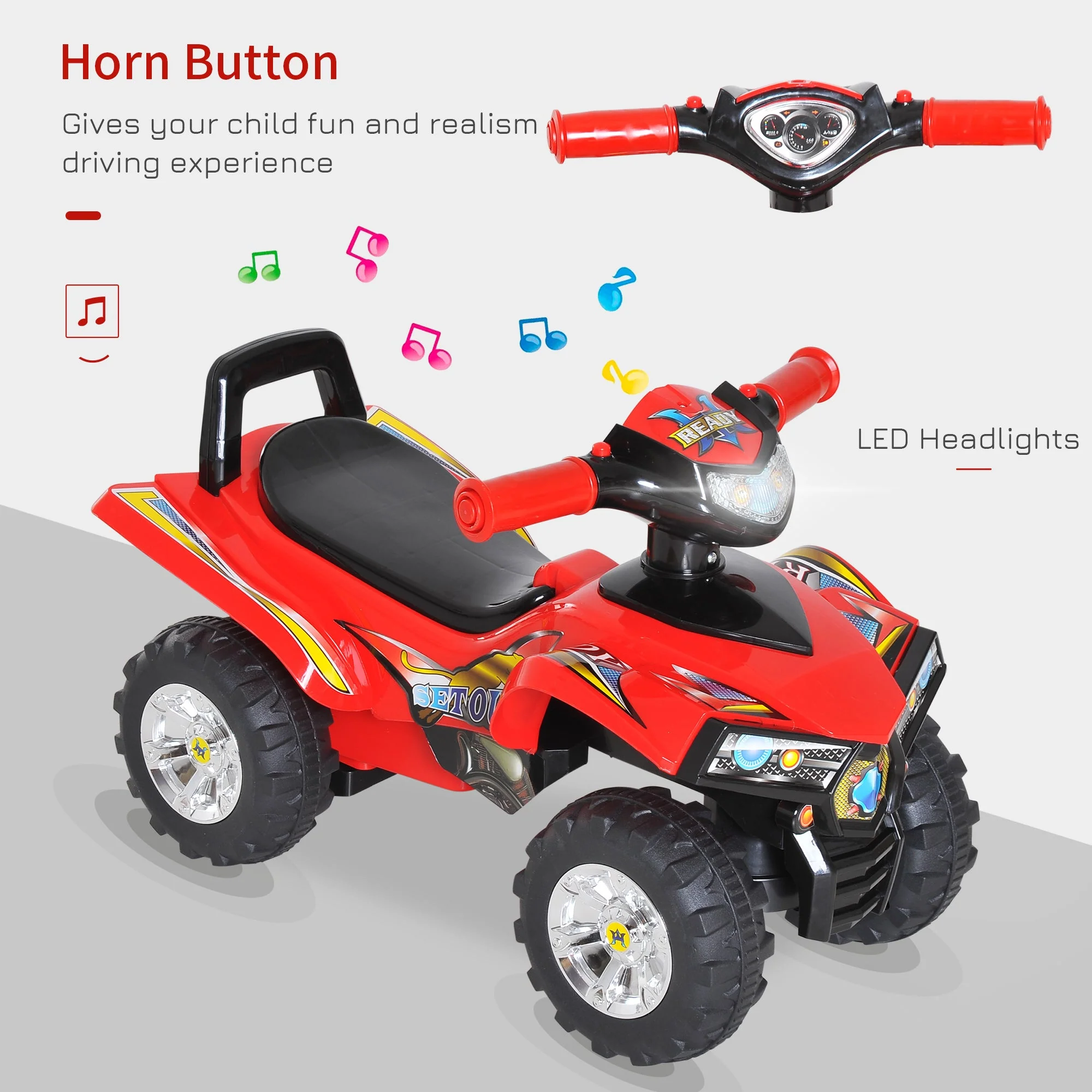 Kids Children Ride-on Toy Off Road Style Quad Bike Racing Car NO POWER 4 Wheels Horn Music Red - Image 3