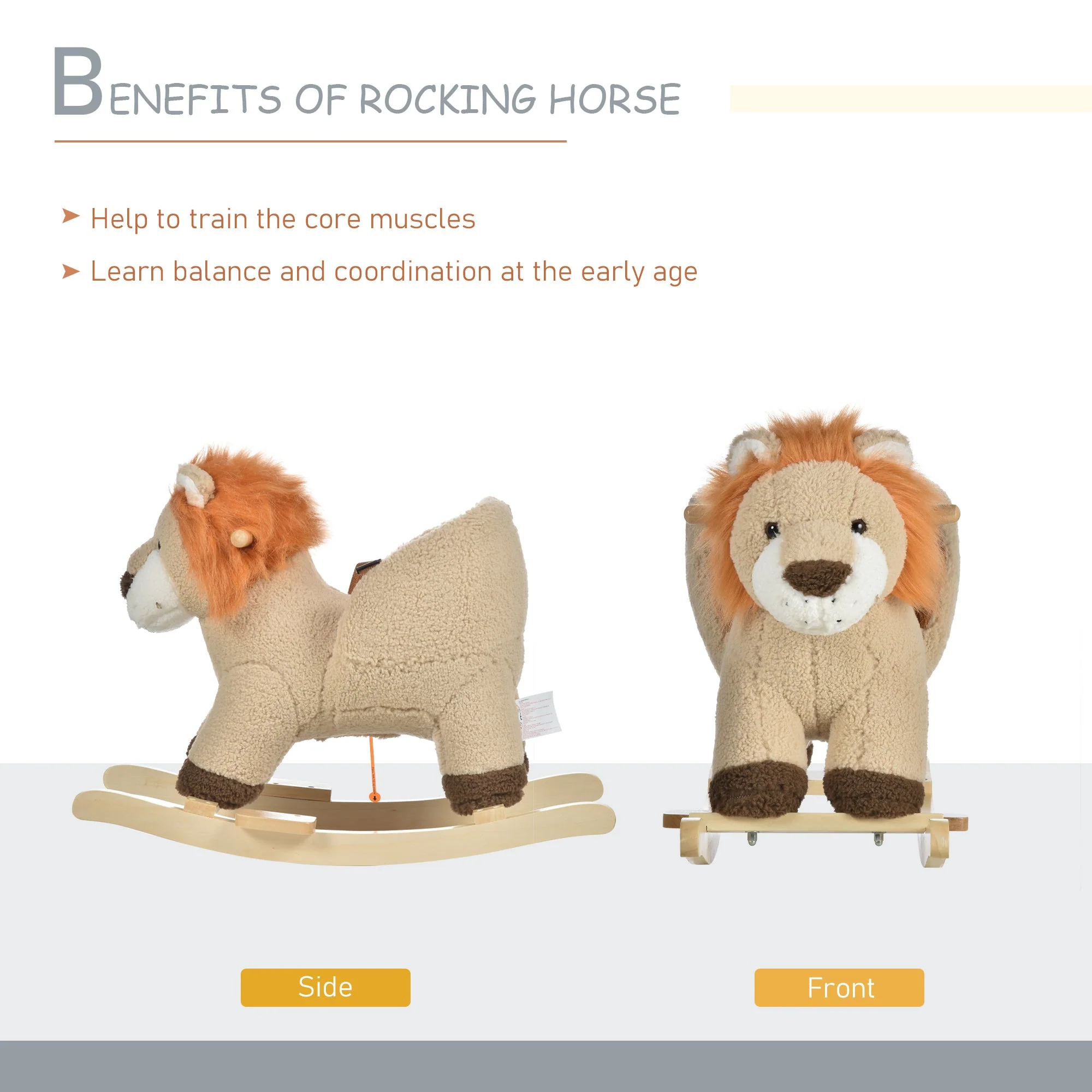 Kids Children Rocking Horse Plush Ride On Lion Seat w/ Sound Wood Base Seat Safety Belt Toddler Baby Toy Brown - Image 5