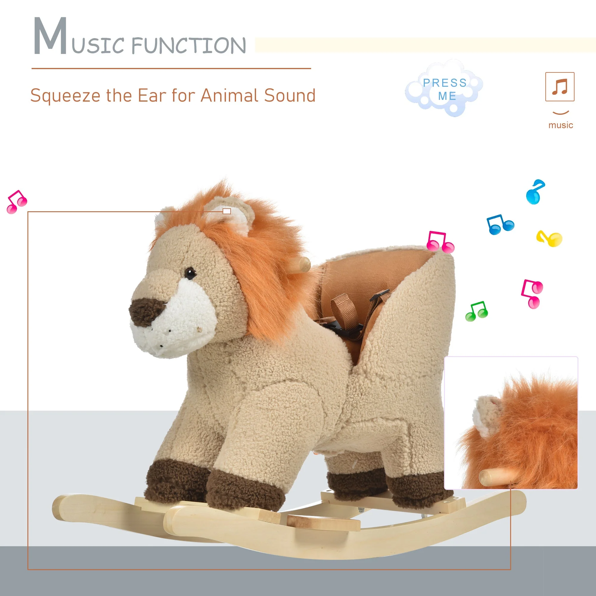 Kids Children Rocking Horse Plush Ride On Lion Seat w/ Sound Wood Base Seat Safety Belt Toddler Baby Toy Brown - Image 7