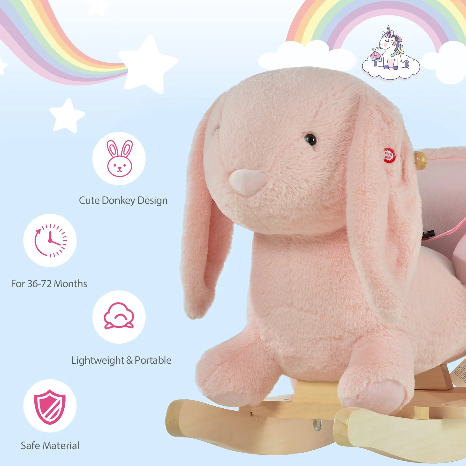 Kids Children Rocking Horse Plush Ride On Rabbit Seat w/ Sound Wood Base Seat Safety Belt Toddler Baby Toy Rocker Pink 18 - 36 Months - Image 7