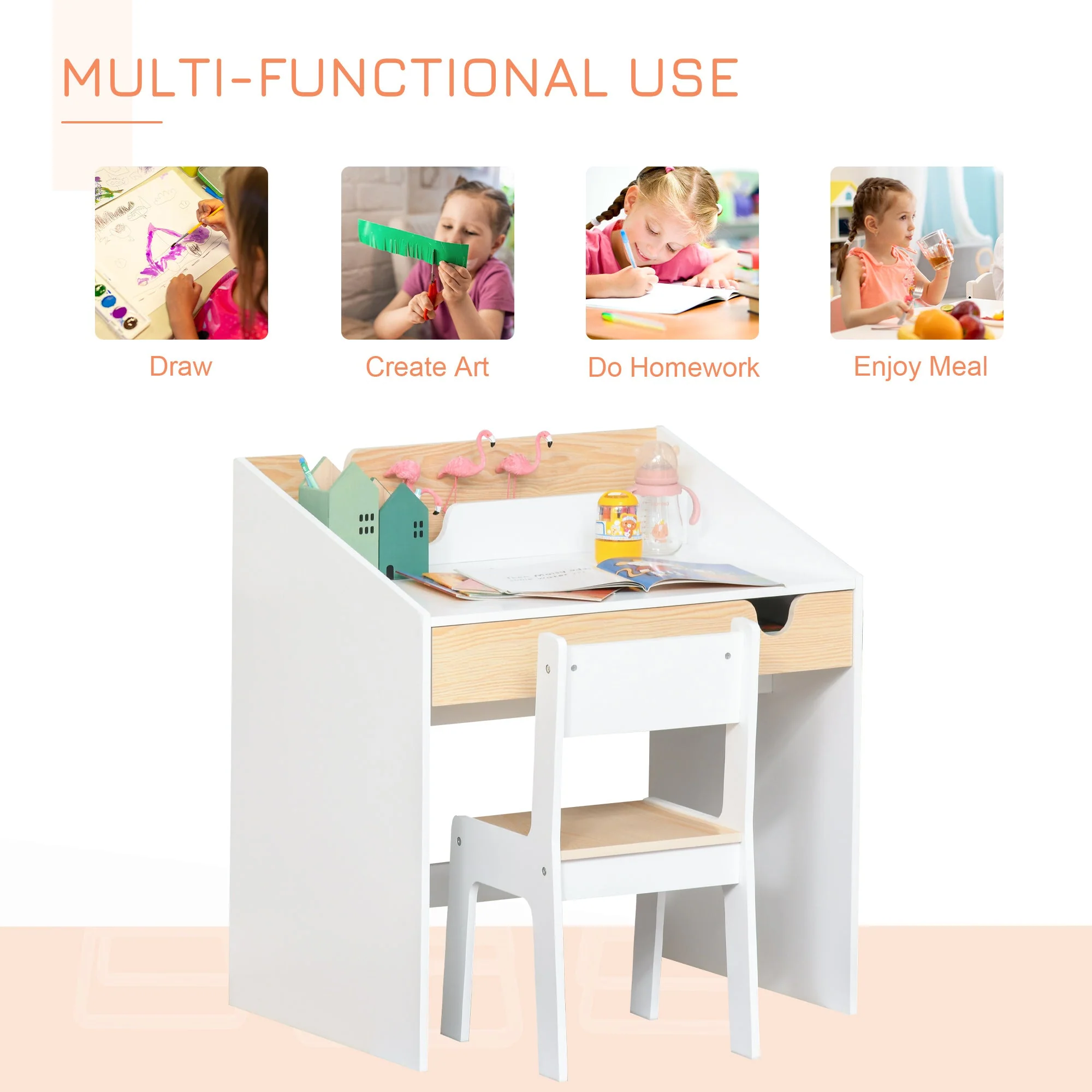 Kids Desk and Chair Set 2-Pieces Children Study Table with Storage Pull-Out Drawer Bookshelf for 3-6 Years Writing - Image 3