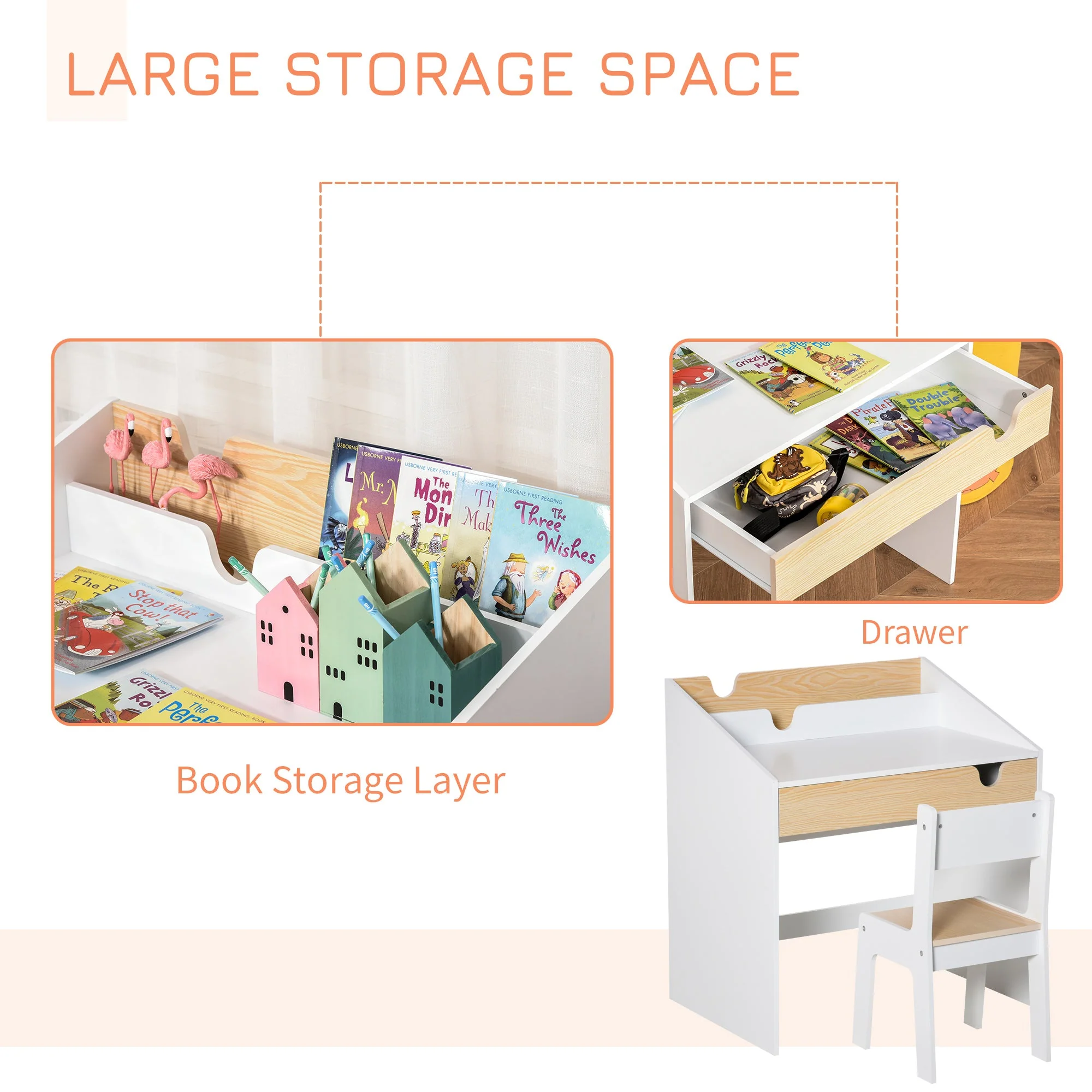 Kids Desk and Chair Set 2-Pieces Children Study Table with Storage Pull-Out Drawer Bookshelf for 3-6 Years Writing - Image 4