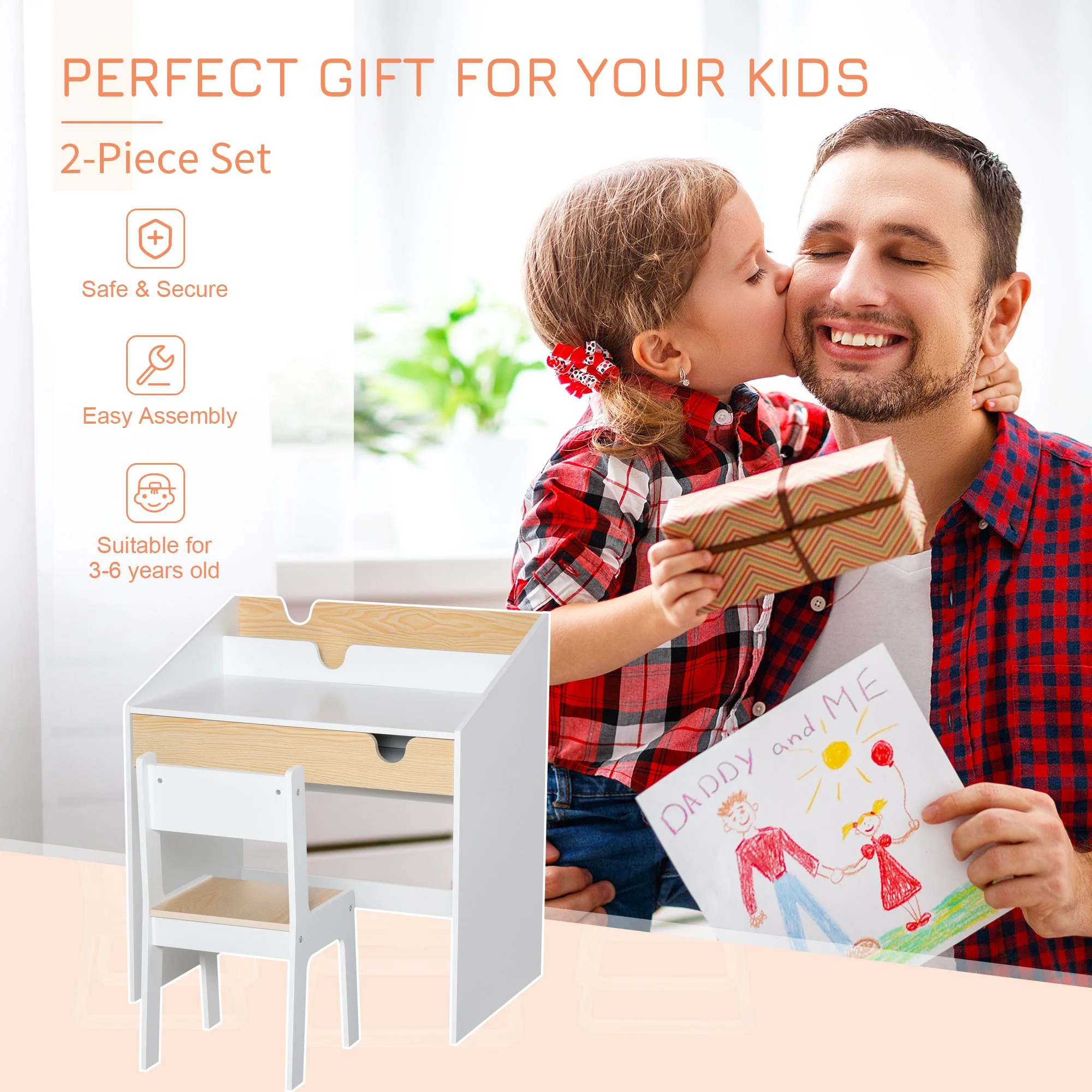 Kids Desk and Chair Set 2-Pieces Children Study Table with Storage Pull-Out Drawer Bookshelf for 3-6 Years Writing - Image 6