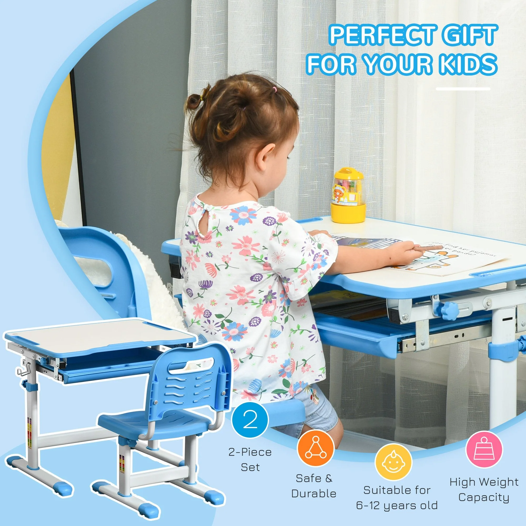 Kids Desk and Chair Set Height Adjustable Student Writing Desk Children School Study Table with Tiltable Desktop - Image 4
