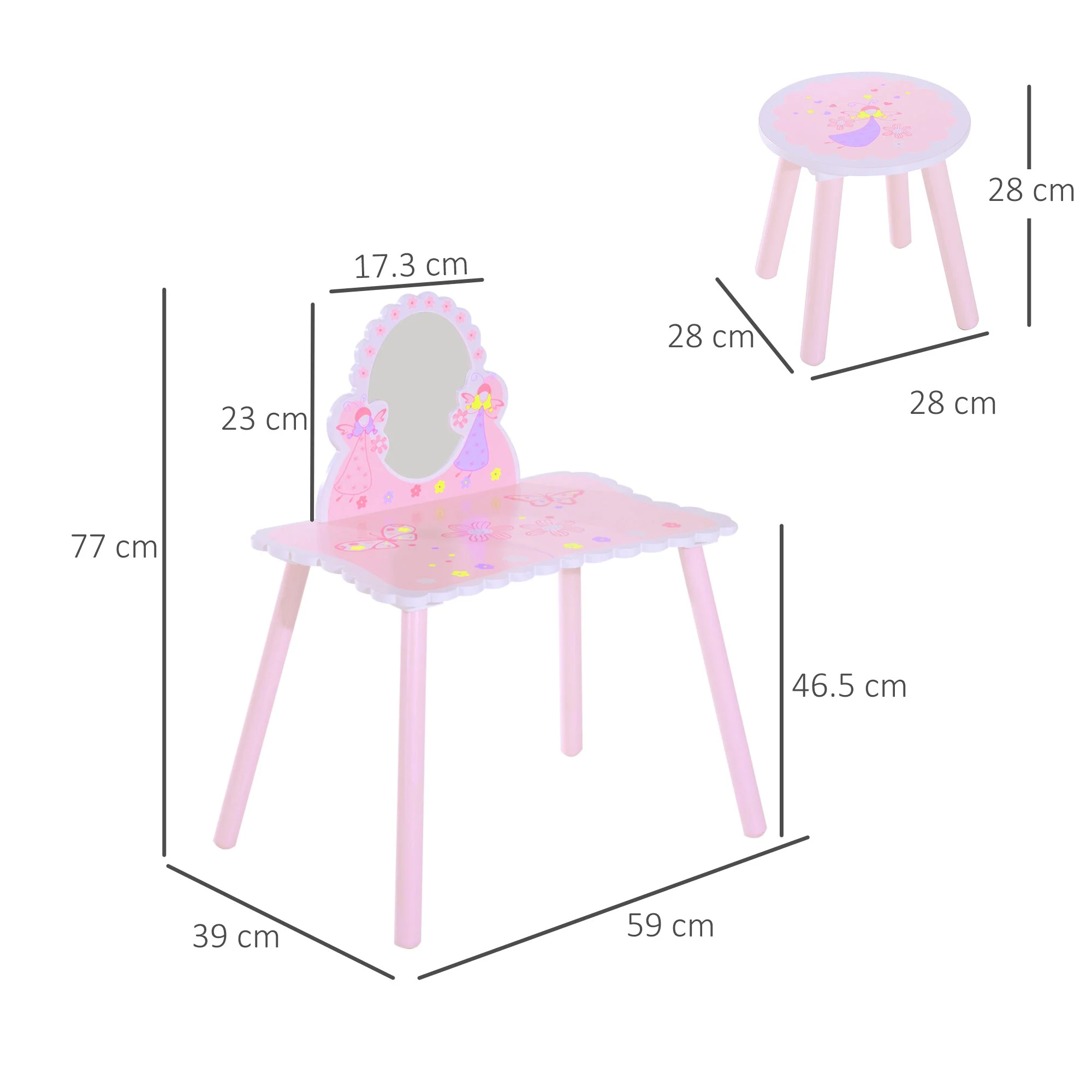 Kids Dressing Table Girls Pink Wooden Kids Dressing Table & Stool Make Up Desk Chair Toys Fairy Dresser Play Set w/Mirror - Image 2