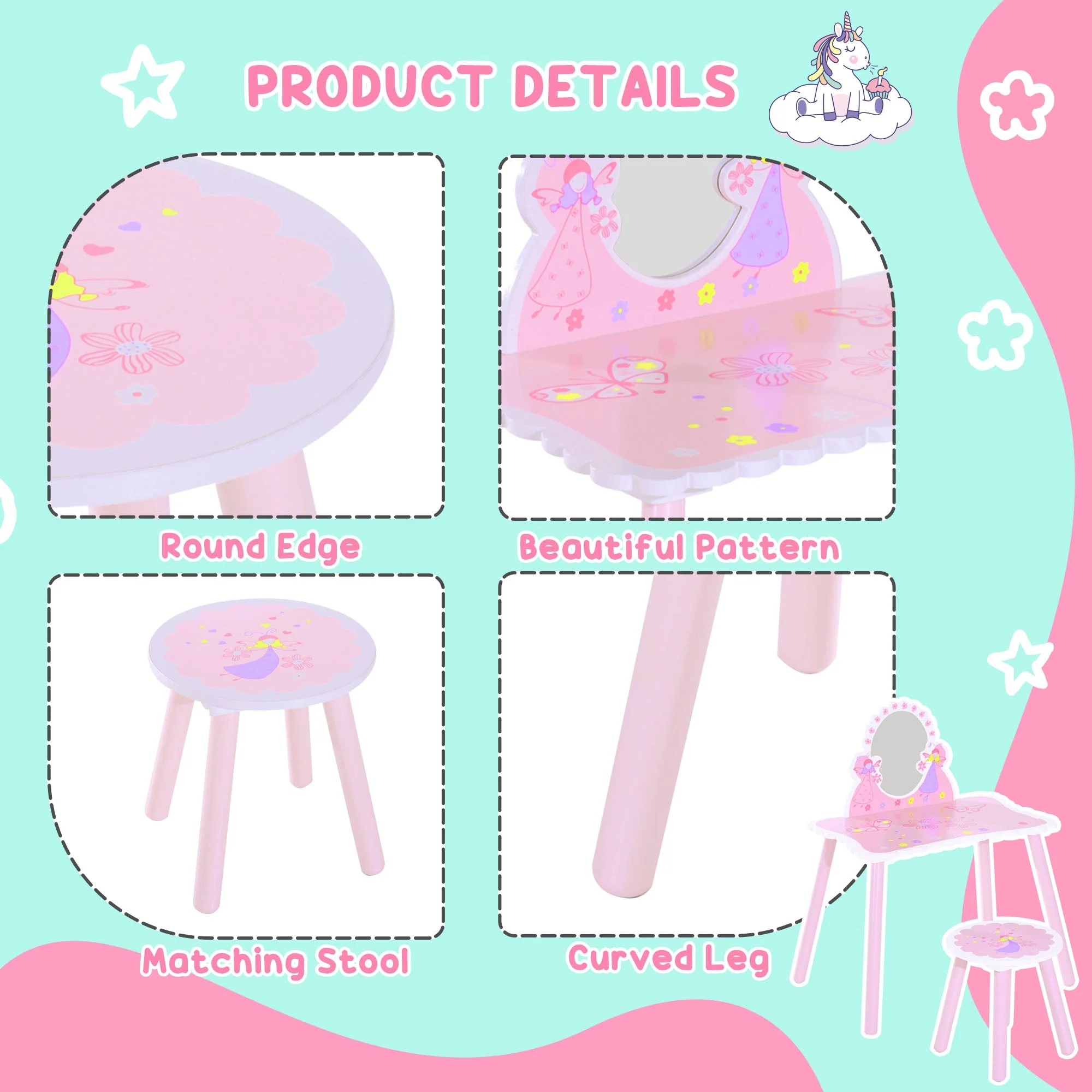 Kids Dressing Table Girls Pink Wooden Kids Dressing Table & Stool Make Up Desk Chair Toys Fairy Dresser Play Set w/Mirror - Image 4